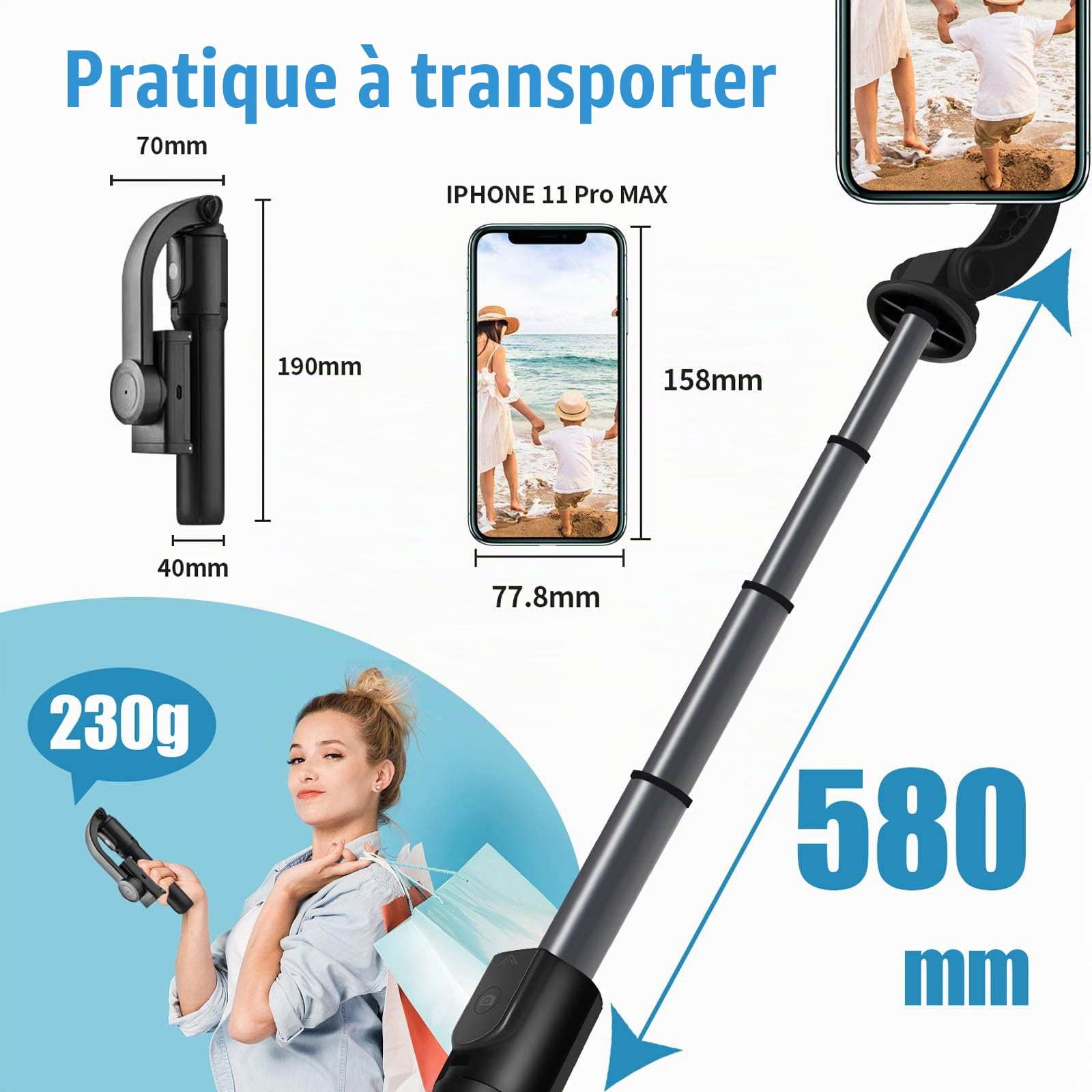 Stabilisateur de cardan pour Smartphone - 1 axe - avec télécommande Bluetooth - Stabilisateur 3-1 pour iPhone - pour Vlogging, Youtube, vidéo en Direct, TikTok, Compatible avec iPhone/Androi (XL)