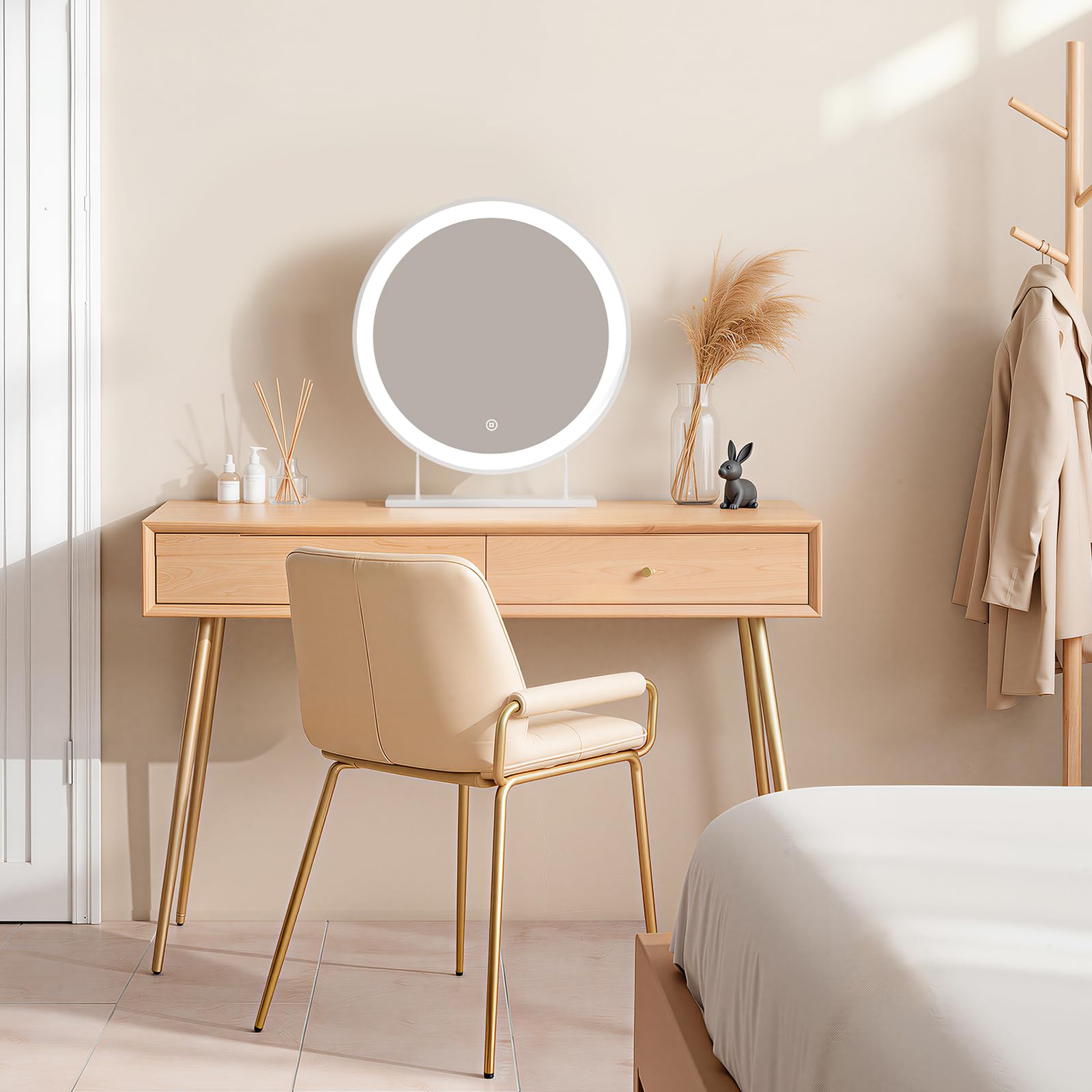 Heilmetz Schminkspiegel mit Beleuchtung Rund Φ40cm - Hollywood Kosmetikspiegel mit 3 Lichtfarben (3000K-6500K), Dimmbarer Standspiegel mit Memory-Funktion, Plug & Play für Schminktisch, Weiß