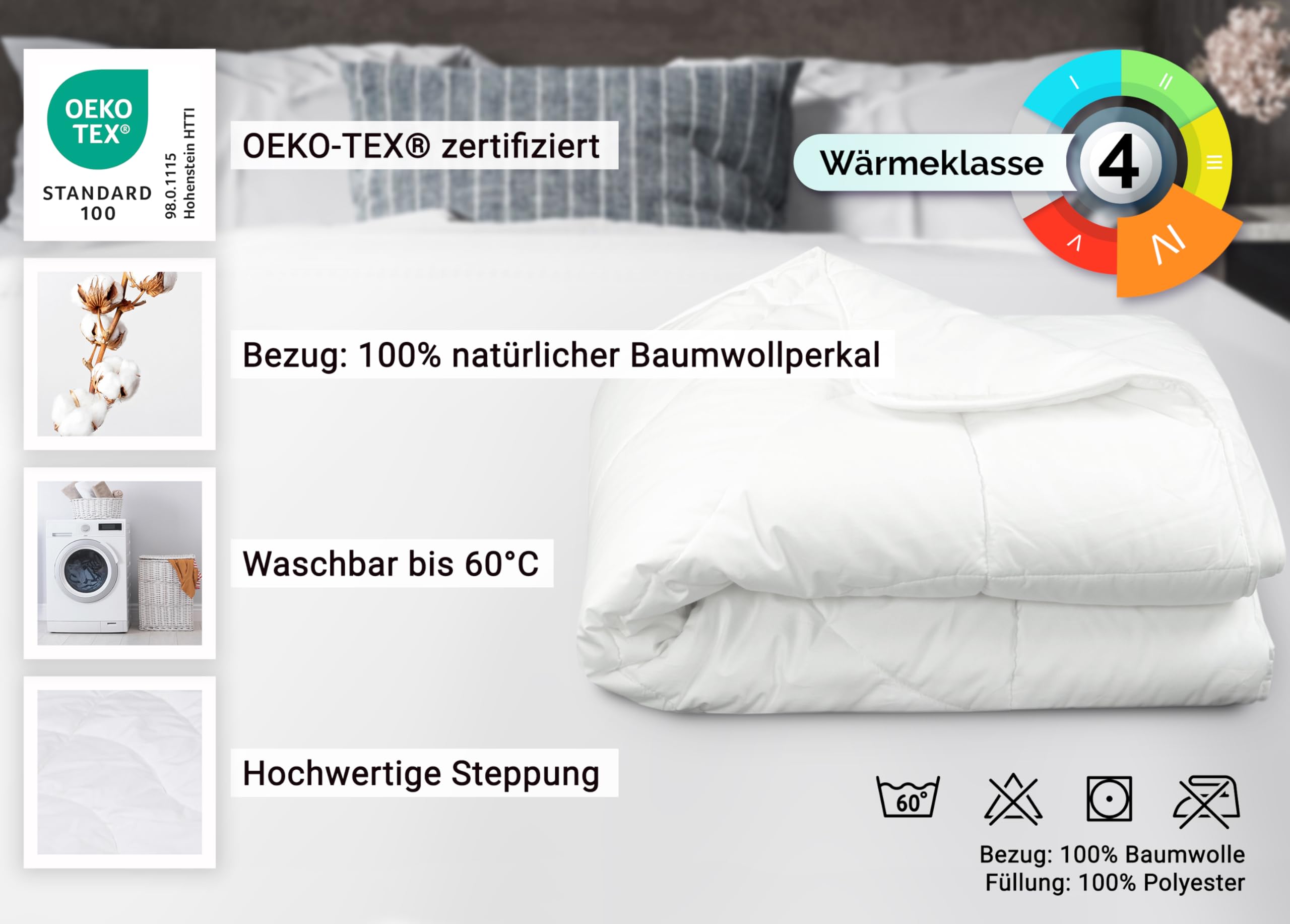 ZOLLNER Winterdecke - hautfreundliche Bettdecke - Wärmeklasse 4 - mit Körperzonensteppung - Polyesterfüllung - waschbar bis 60°C - 135x200 cm - Hotelqualität - Oeko Tex® Zertifiziert