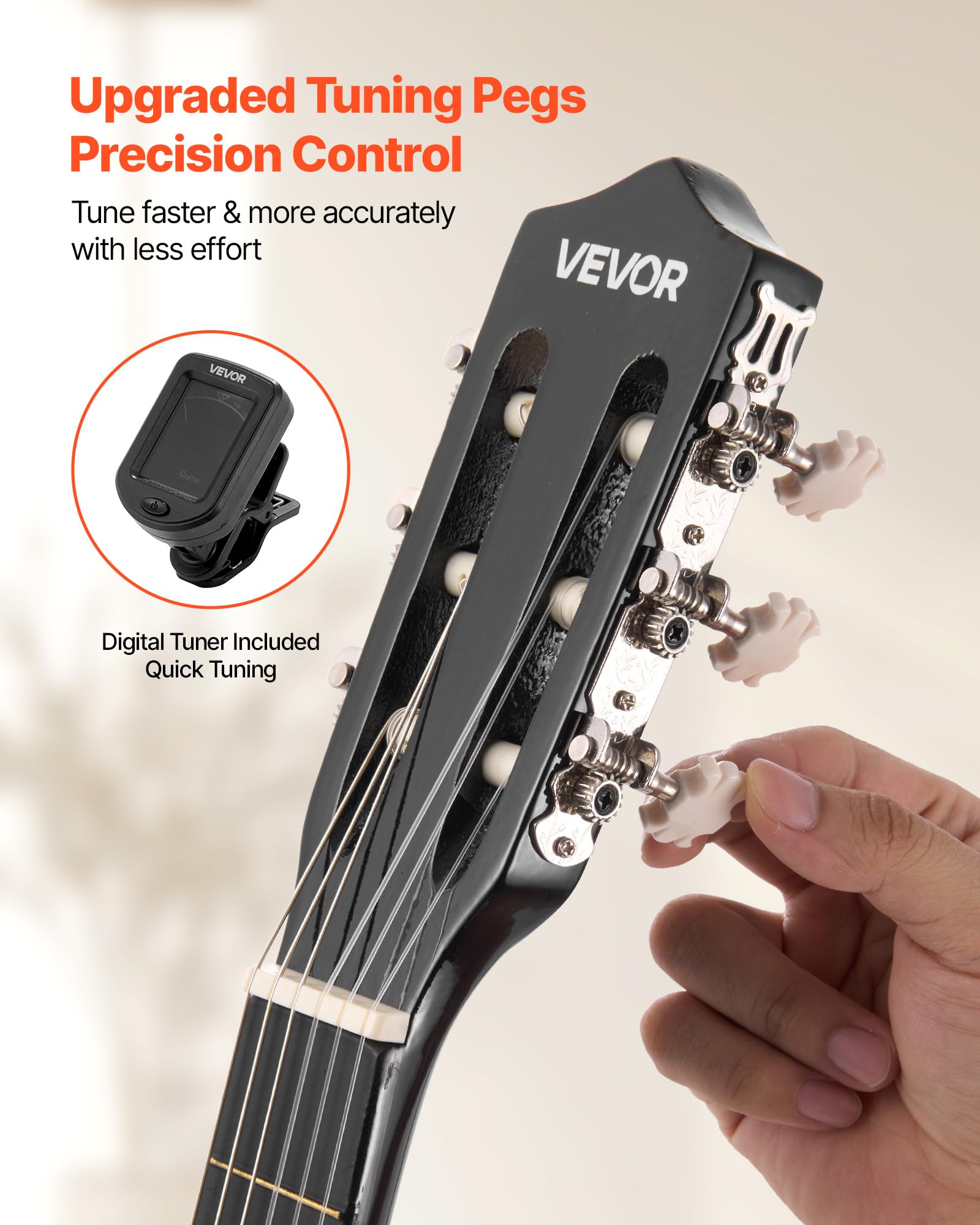 VEVOR Chitarra Classica, 960 mm, in Legno per Principianti, con Corde in Nylon, Custodia Morbida, Tracolla, Accordatore, Corde Extra, Plettri, Capotasto, Tiglio, per Adolescenti, Adulti, Nero