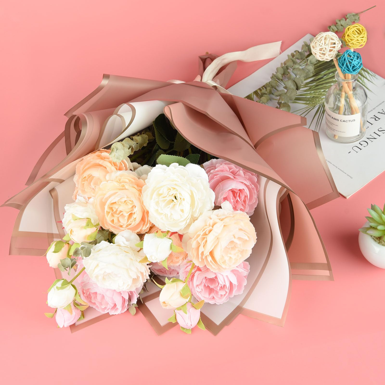 Papier D'emballage Bouquet Fleurs - 50 Feuilles Imperméables (rose & Blanc) - Bordure Dorée - 58x58 Cm