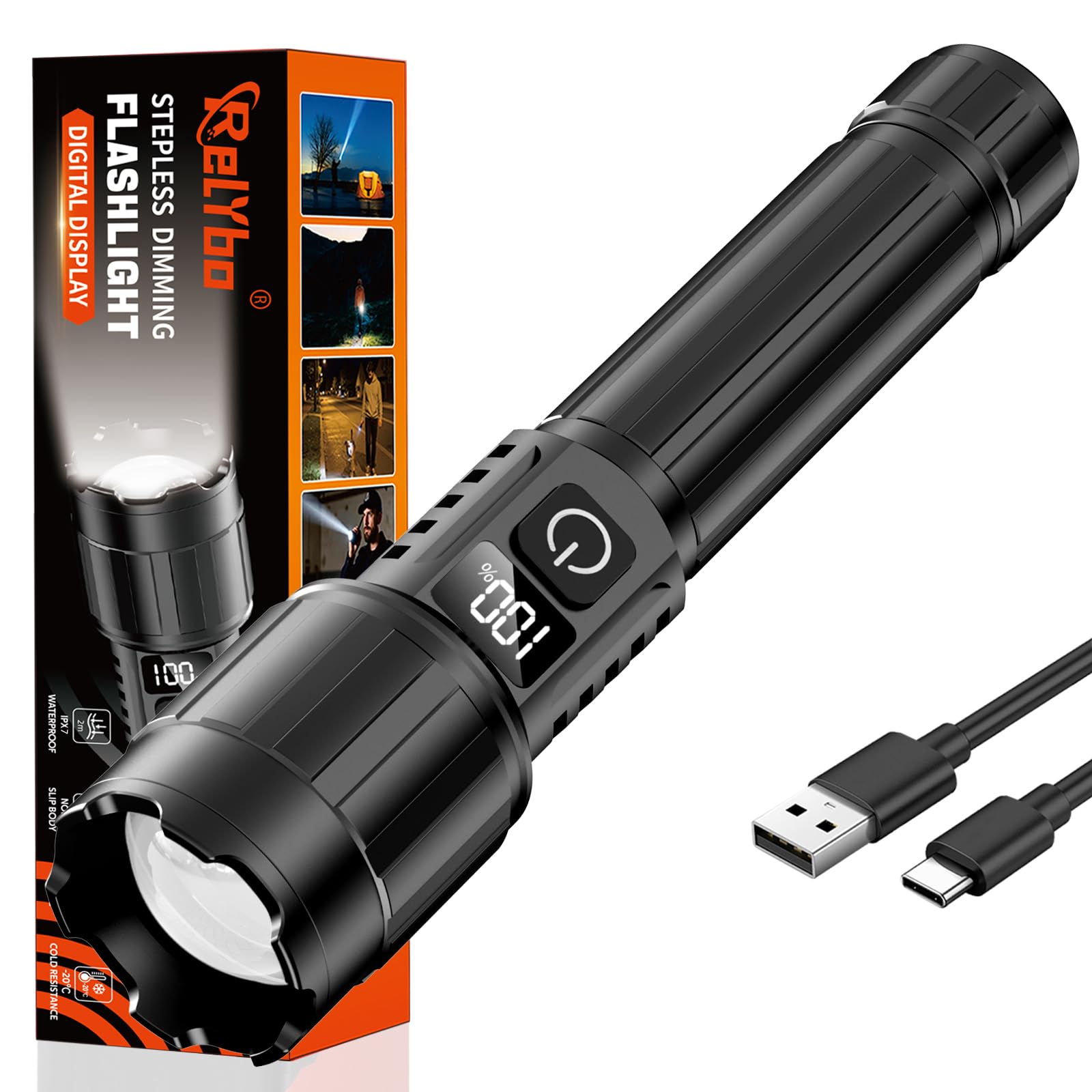 Relybo Taschenlampe LED Aufladbar 1,000,000 Lumen, 12h Laufzeit &Weitschuss | Starke Taschenlampen USB C, Stufenloses Dimmen und LCD-Display Flashlight IPX7 Wasserdichte für Camping, Outdoor, Notfälle