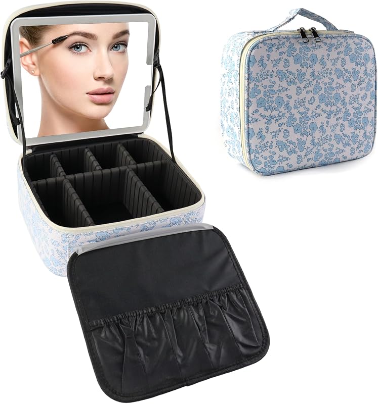 Maleta de maquiagem SLUMAZI com espelho LED removível, divisórias ajustáveis e estojo para pincéis, Light Blue Flower, 1 unidade