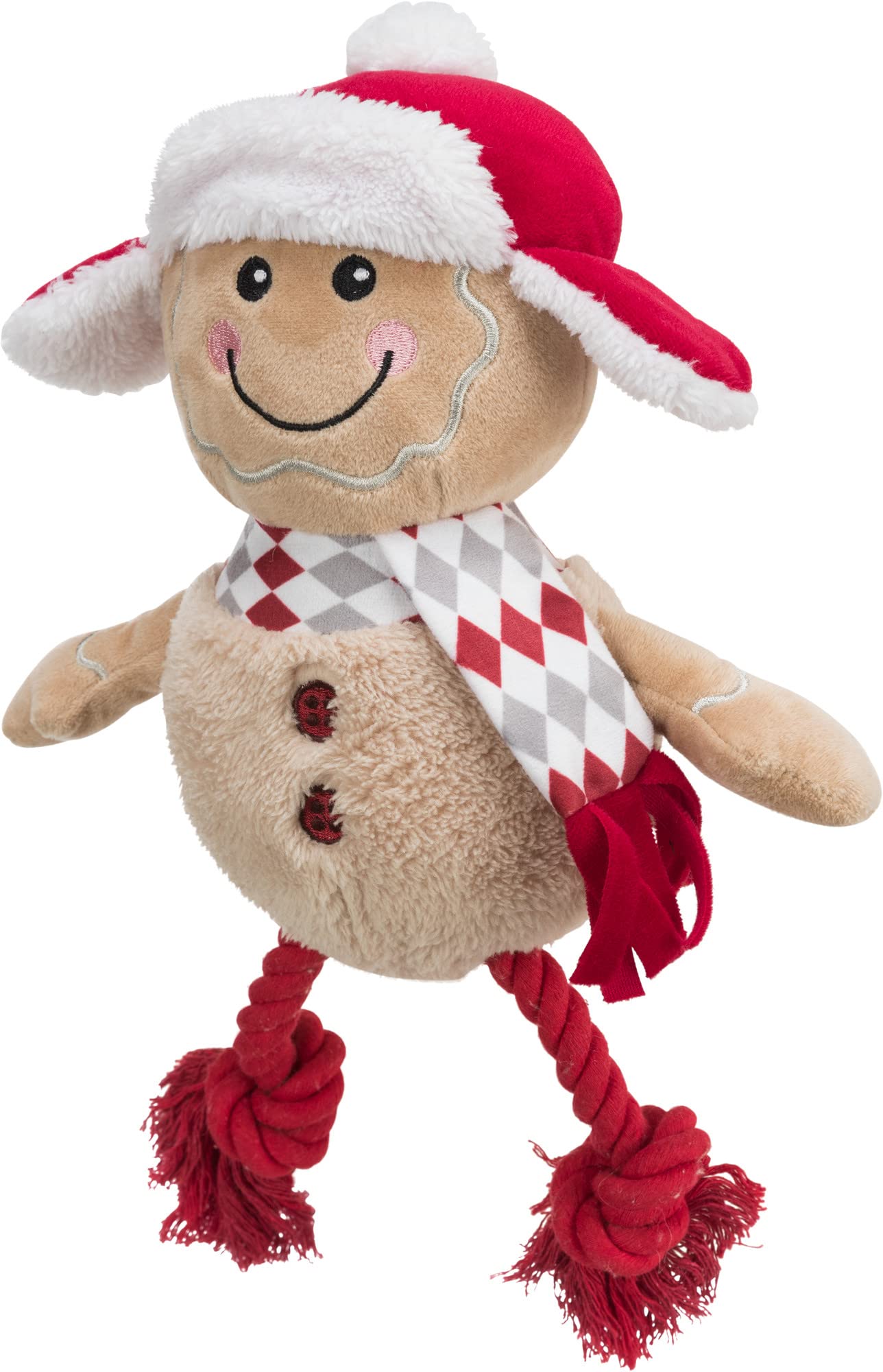 Trixie Christmas Plush Dog Toys with Rope and Squeaker (Gingerbread Man 34cm)