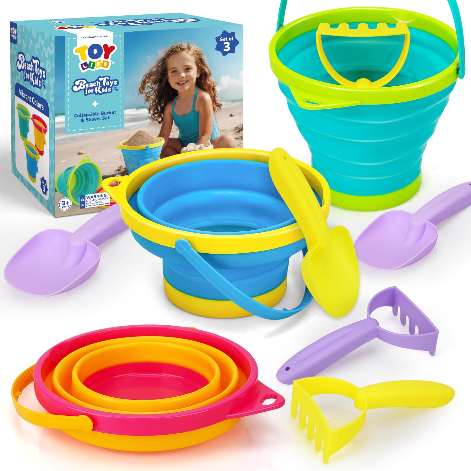 TOY Life 9 Pack Sand Buckets Toys Set with 3 Collapsible Beach Buckets 3 Shovels and 3 Rakes, Toddlers Beach Toys for Kids Ages 4-8 for Camping, Traveling, Fishing, Outdoor Summer Parties