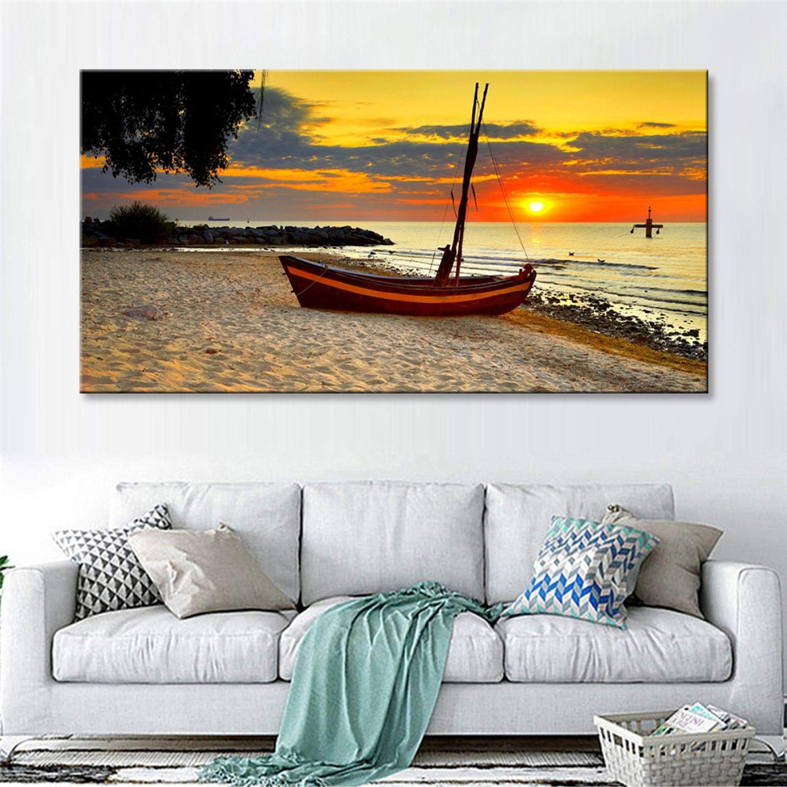 Quadro Su Tela Paesaggio Marino - Barca E Persona Al Tramonto - Poster Moderno 60x80cm (Senza Cornice)