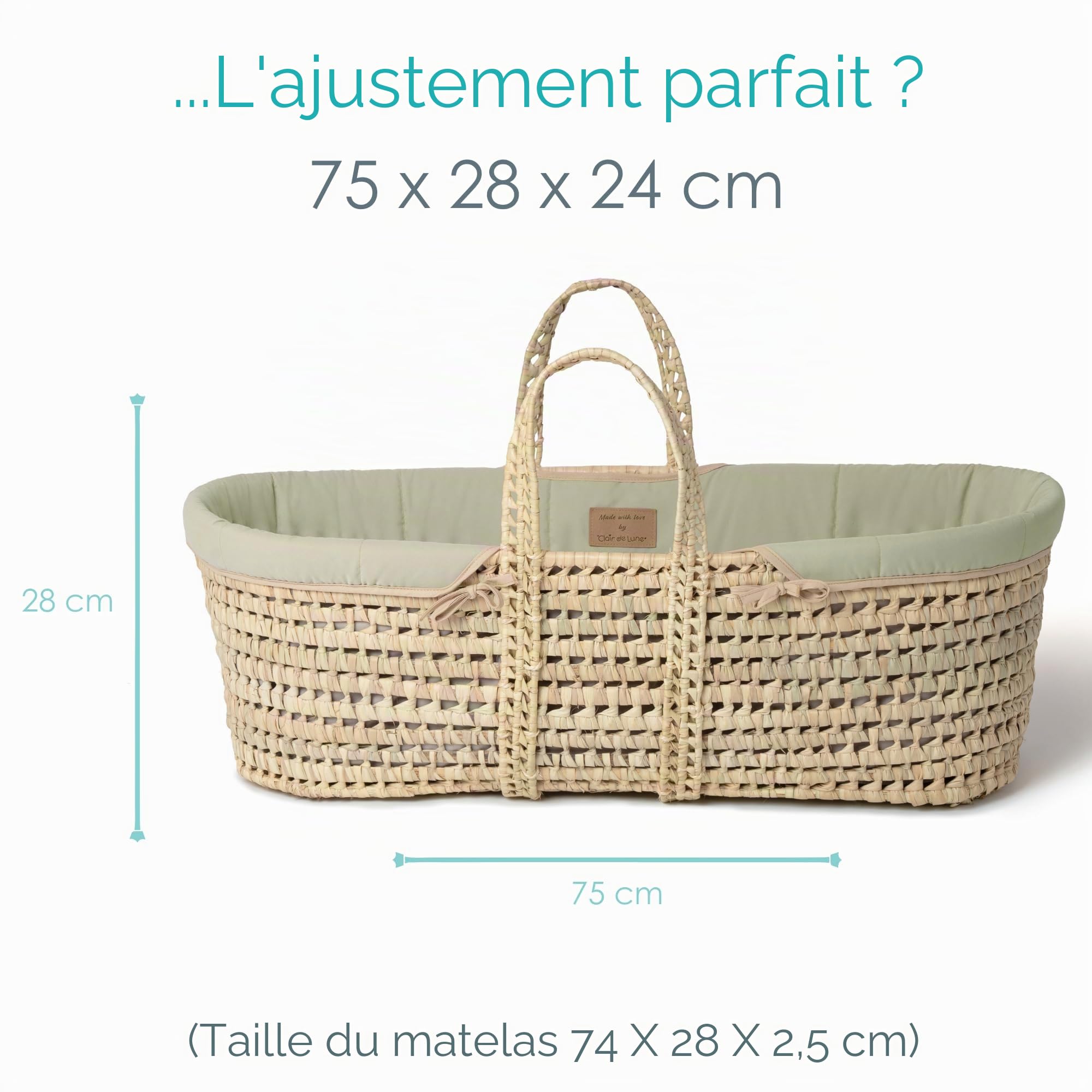 Clair de Lune Couffin en Palmier Bio avec Support à Bascule Naturel, couffin pour bébé primé 75 x 28 cm (Vert Sauge)