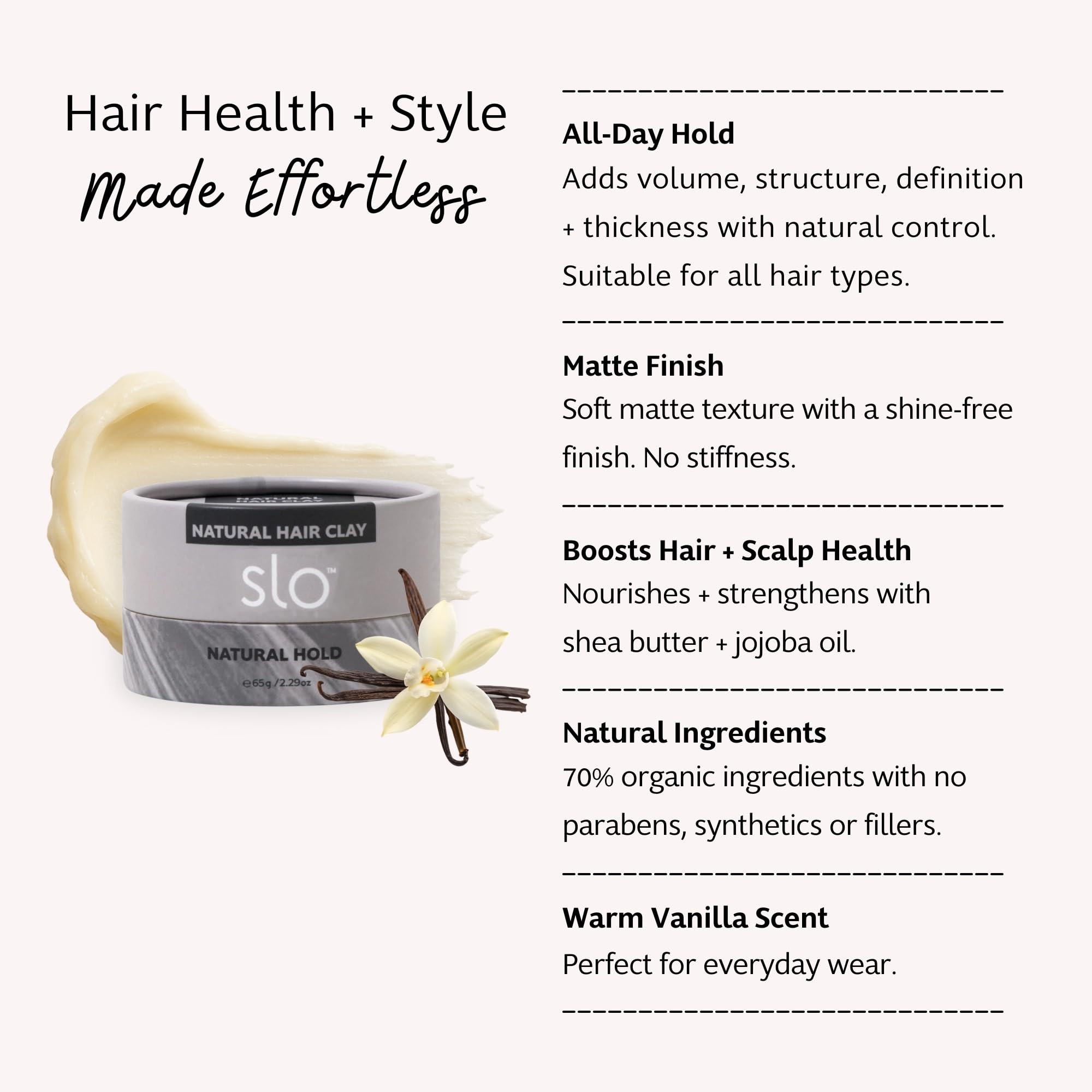 Slo | Natural Hair Clay - All Natural Ingredients, Vegan & Cruelty Free, Plant-Based, Modern Alternative to Styling Gels, All Hair Types | Natural Hold, (2.29oz/65g)