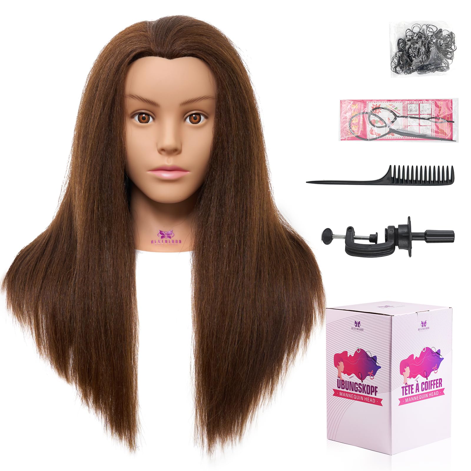 Mannequinkopf aus Echthaar, 50,8-55,9 cm, 100% Kunsthaar, Flechtfrisur, Kosmetikpuppenkopf für Haarstyling-Training, mit Tischklemme