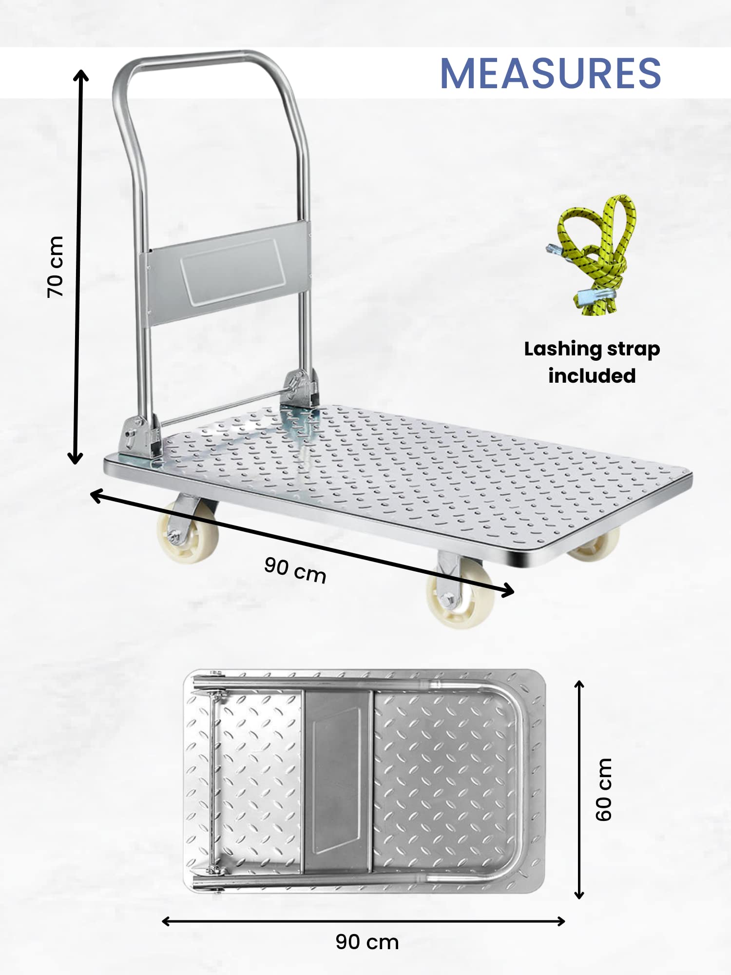 Carrello a piattaforma con ruote. Carriola pieghevole con carico di 400 kg. Carrello con piattaforma manuale, trasporto anticollisione per traslochi, magazzino. Acciaio al titanio.