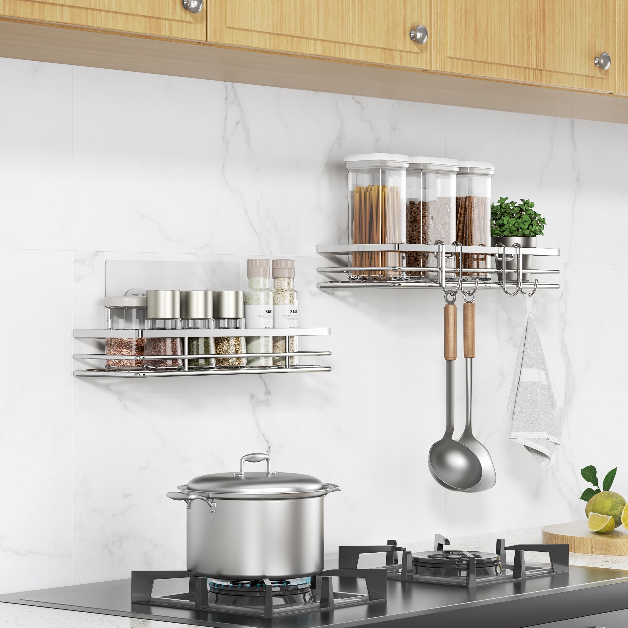 Pickpiff Mensola per doccia senza foratura SUS304 in acciaio inox, 2 pezzi, mensola doccia con 2 ganci, organizer bagno, supporto per shampoo per doccia autoadesivo
