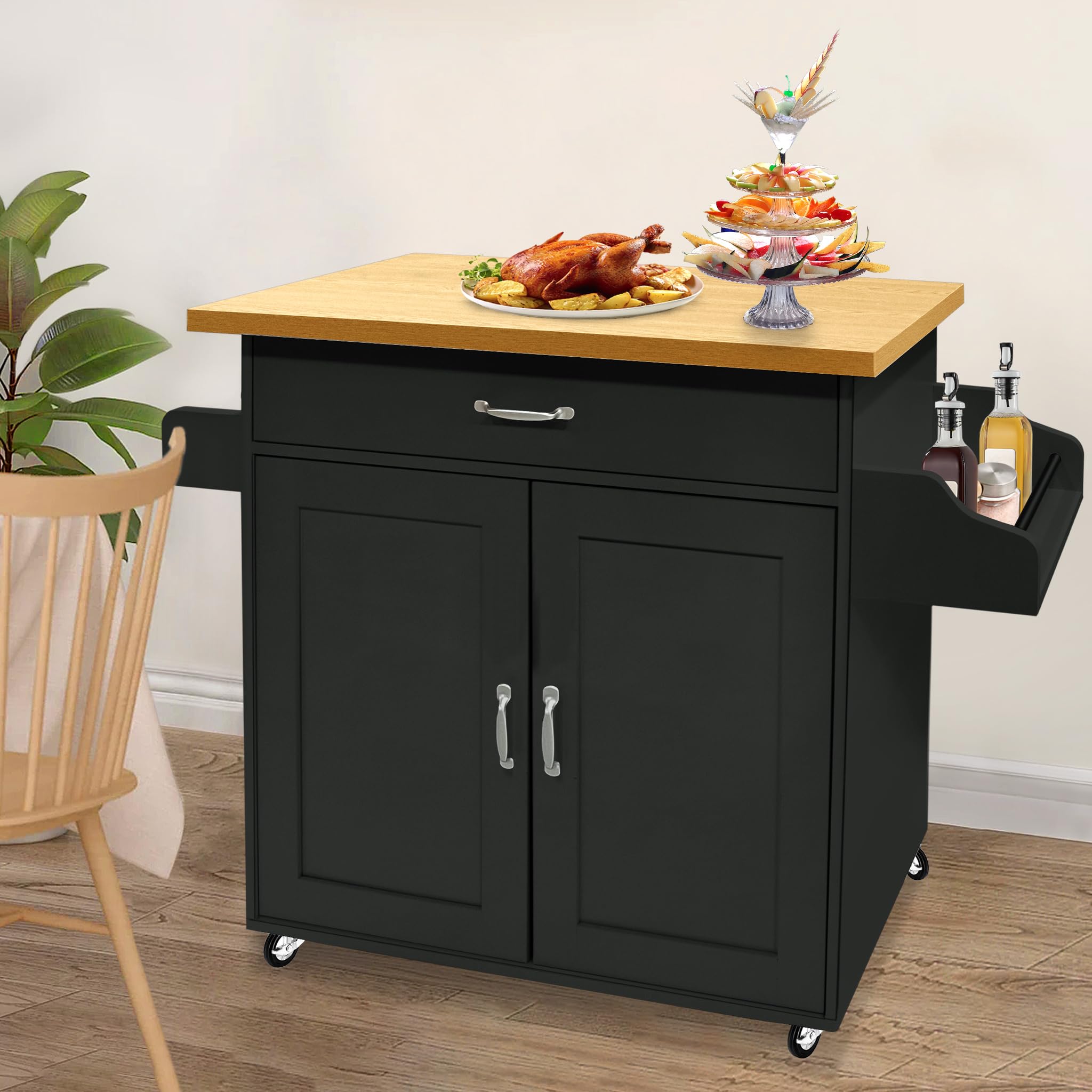 UISEBRT Carro de cocina con tablero de trabajo de madera, armario de cocina con ruedas con cajón y estante, carrito de servir de estilo rústico, carro de cocina móvil, negro