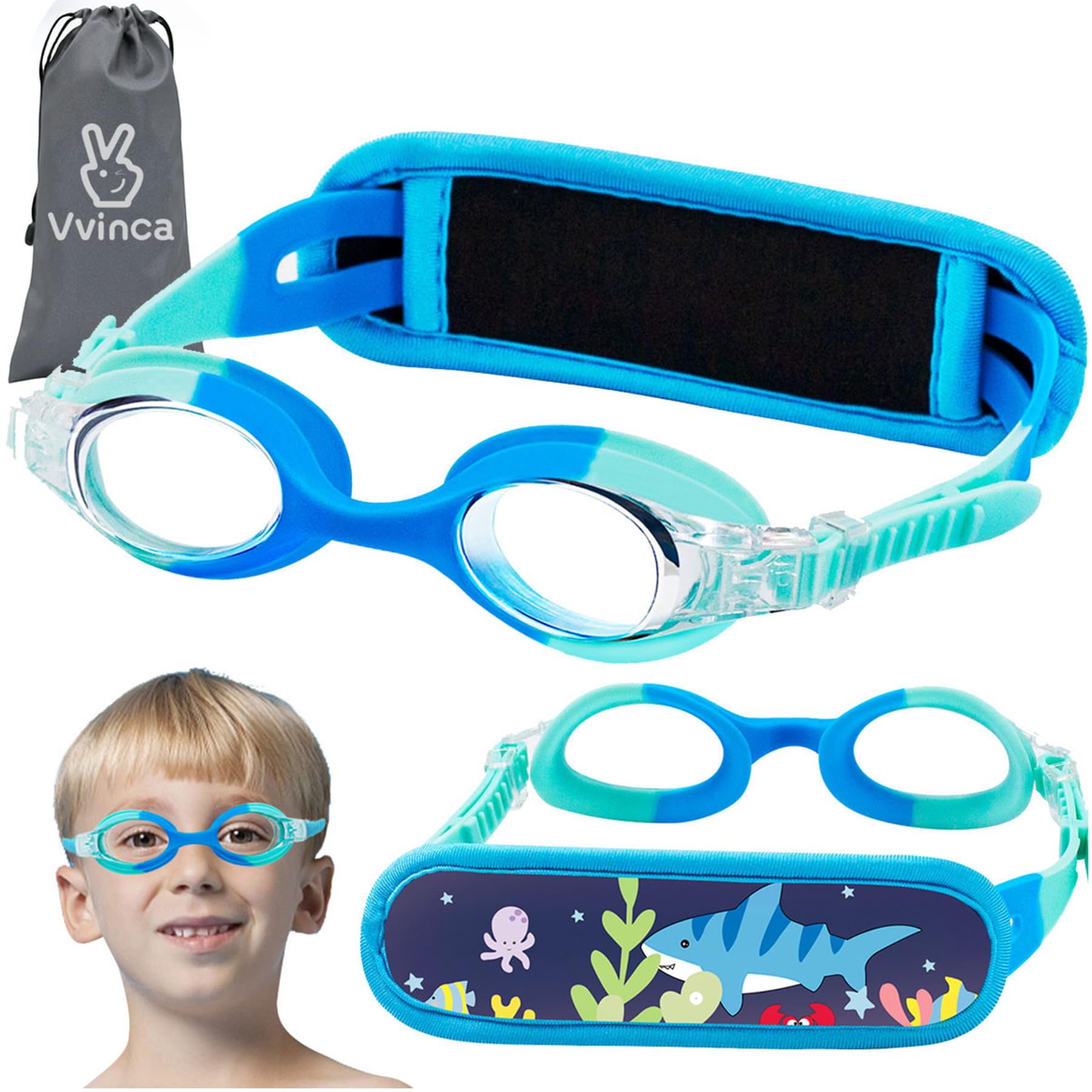 Vvinca Kids Swim Goggles with Fabric Strap No Tangle Pain-Free, Anti-Fog Swimming Pool Goggle No Leak for Toddlers Girls Boys
