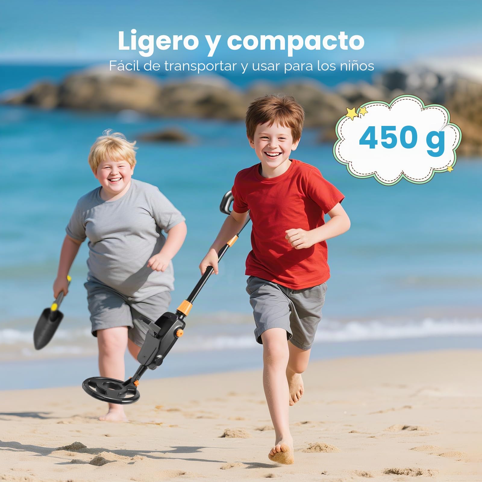 Detector de Metales Niños, Detector de Metales Ligero y Impermeable IP68 con Pantalla LCD e Indicación de Sonido, Alta Precisión para Niños con Pala para Investigación de Metales