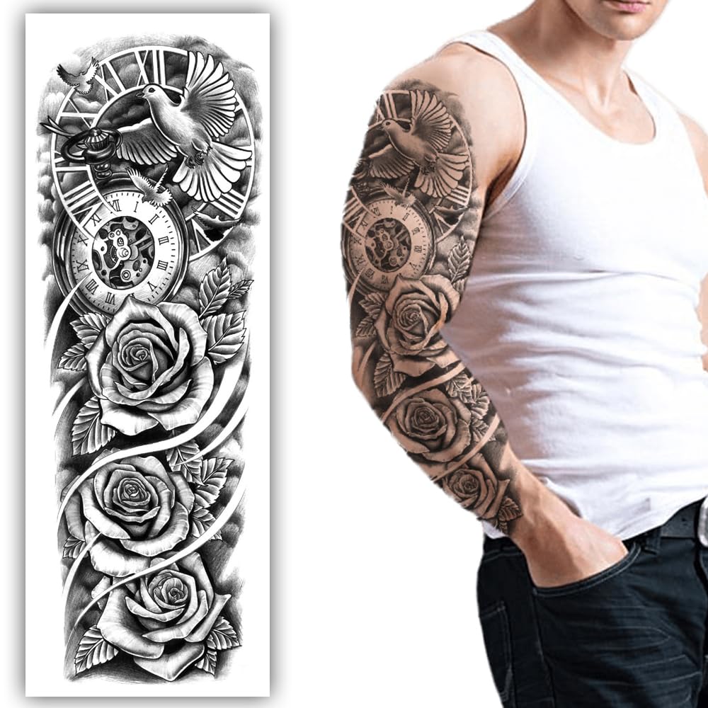S.A.V.I Full Arm Sleeve Temporary Tattoo - Dove Flying Bird & Roses, Peace Symbol, 48x17cm, Unisex-image-13