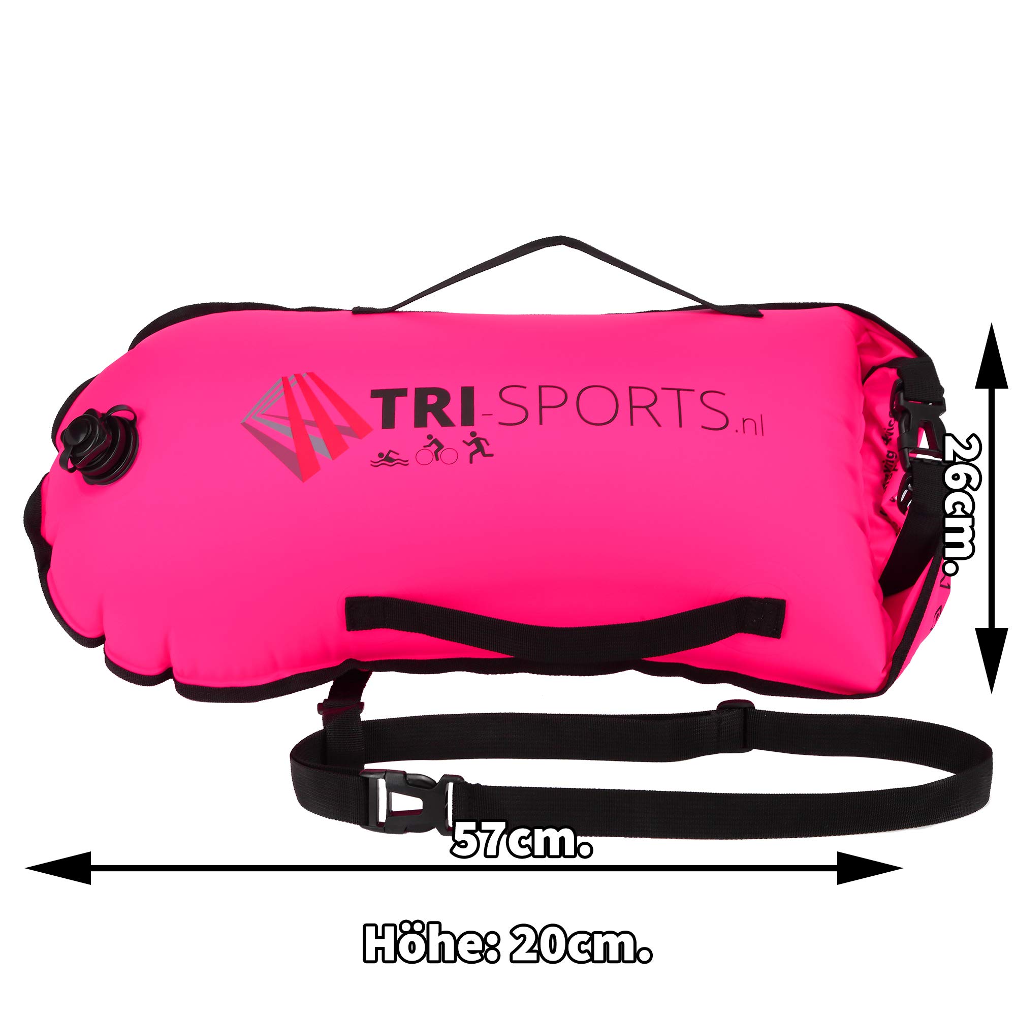 Tri-Sports - różowa boja do pływania na świeżym powietrzu. Widoczna dla łodzi, bezpieczna w przypadku skurczów i możesz łatwo zabrać ze sobą swój sprzęt.