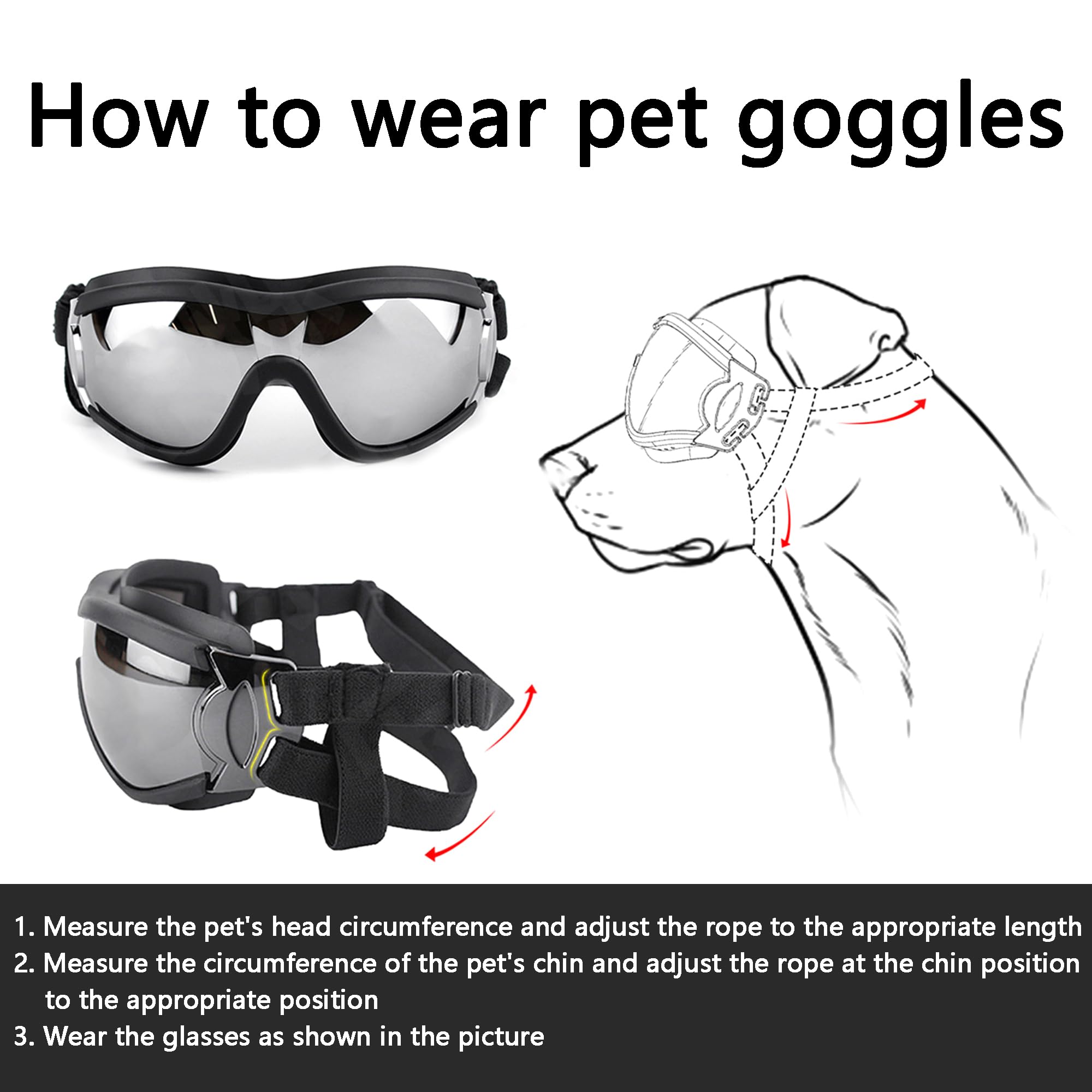 Occhiali per Cani, Occhiali Protettivi per Animali Domestici Resistenti Ai Raggi UV con Cinturino Elastico Regolabile Antivento Impermeabili (black1)
