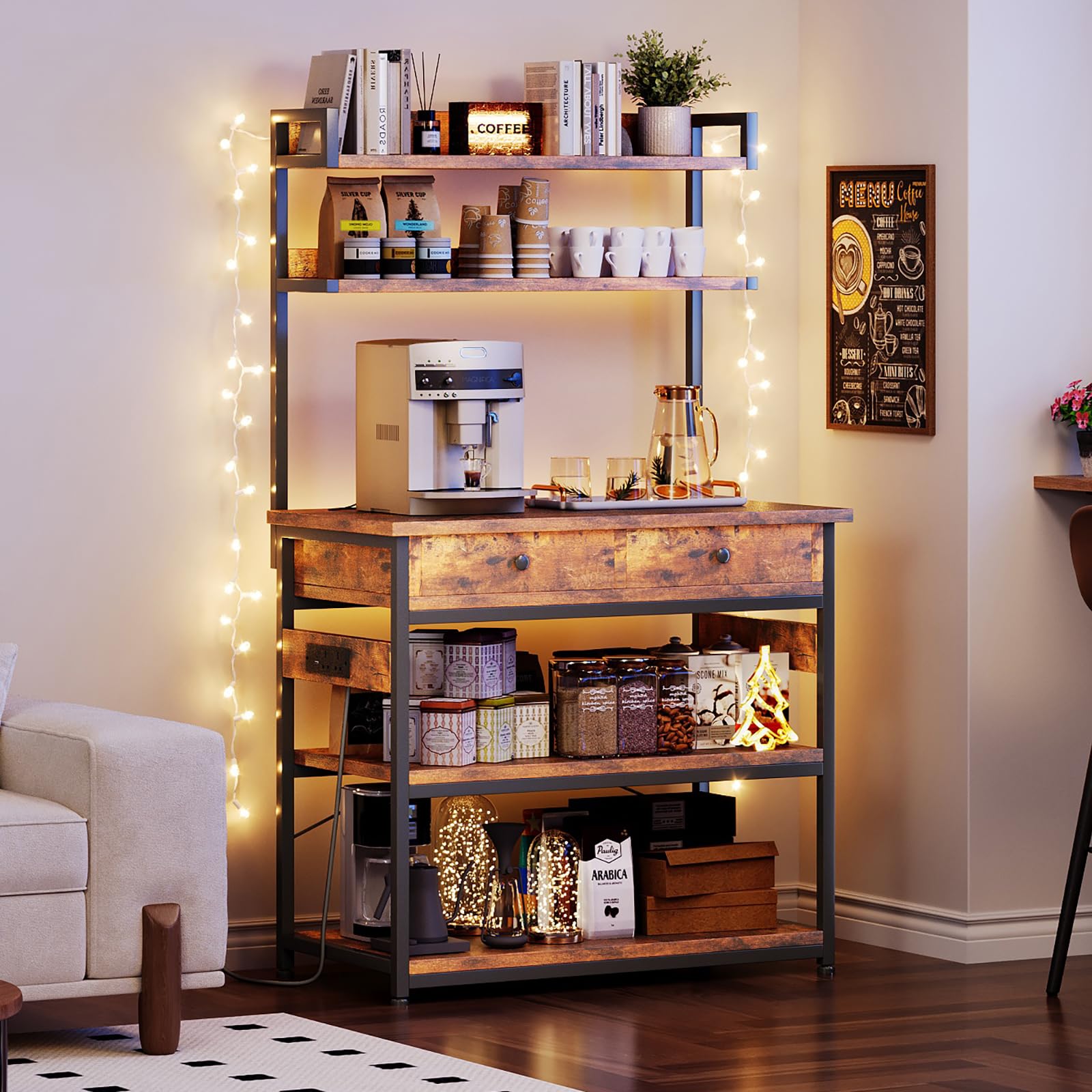 CAIYUN Étagère de Cuisine avec Prises électriques, étagère sur Pied avec Deux tiroirs en Bois, étagère pour Micro-Ondes, 5 Niveaux, Structure en Acier, 42 x 80 x 148 cm, Marron Vintage
