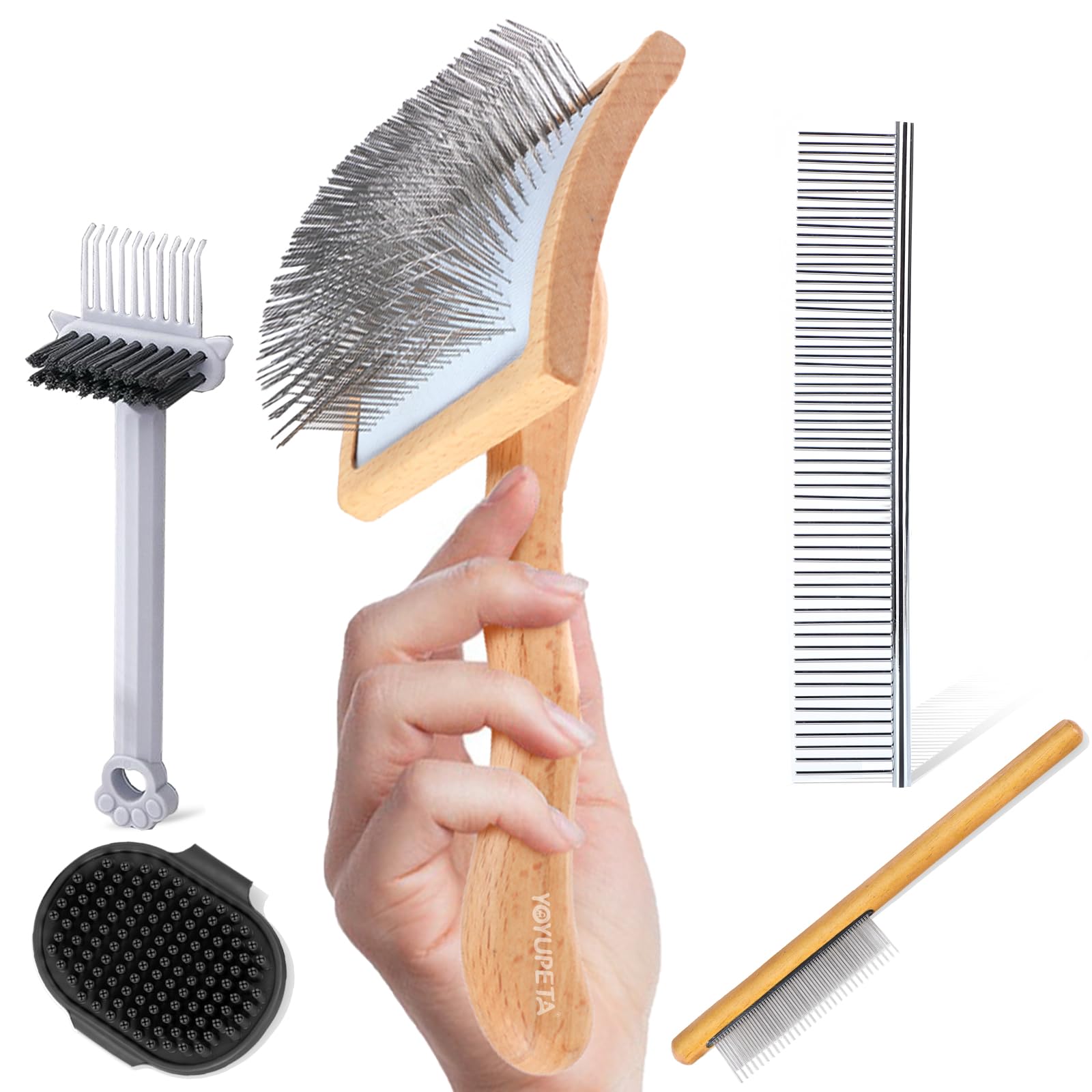 5-teiliges Hundepflege-Set – Große Slicker-Bürste mit langen Stiften für Doodles, Goldendoodles & Pudel – Hundebürste für lockiges Fell, Entfernt Verfilzungen & Knoten, Holzgriff – Holz