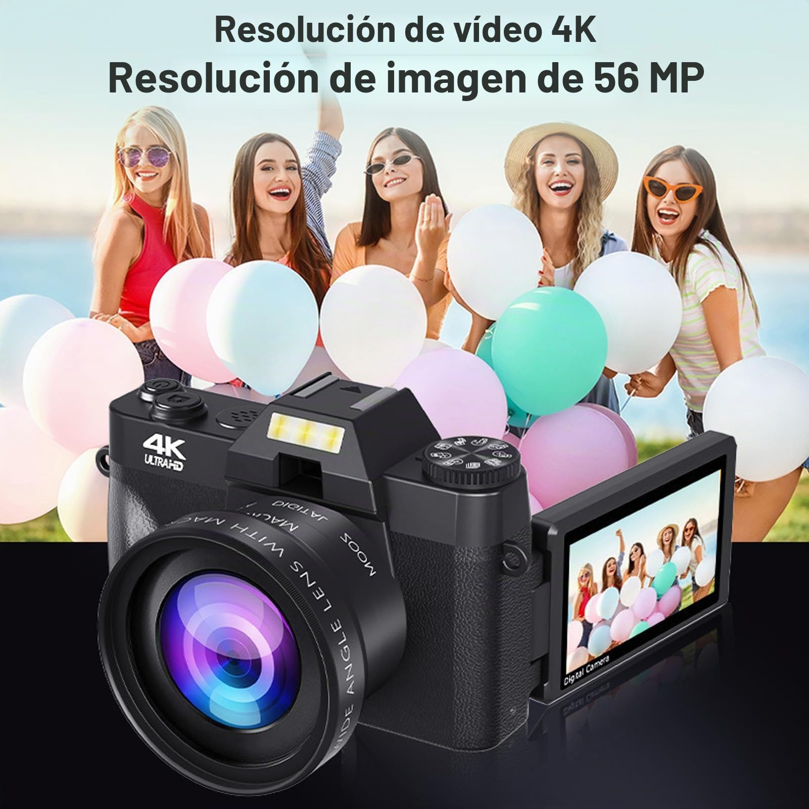 Cámara Digital Vlogging, 56MP 4K WiFi con Pantalla Giratoria 270°, Zoom Digital 16X, Compacta para Viajes y Fotografía
