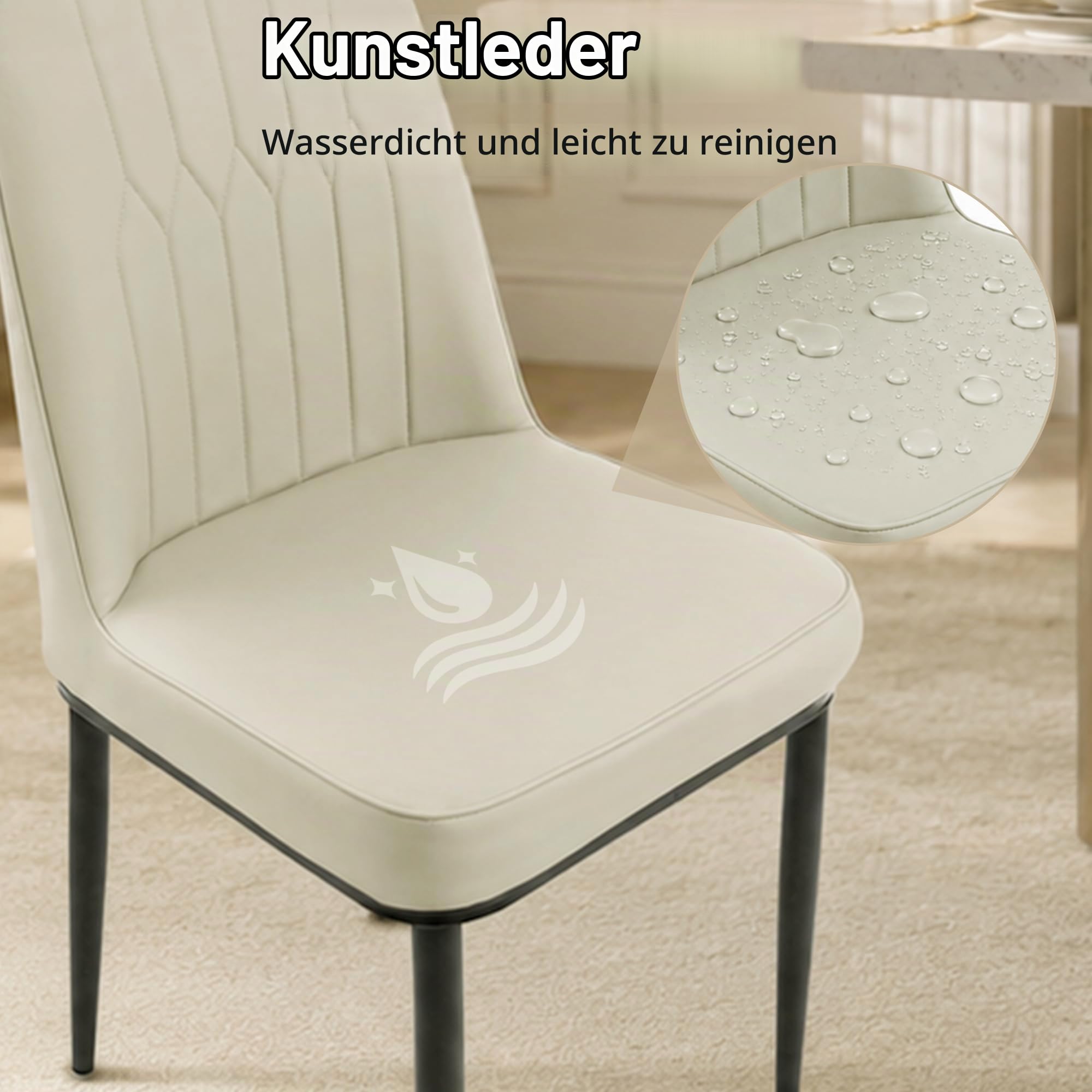 Durrafy Esszimmerstühle 2er Set aus Kunstleder, Gepolsterte Küchenstühle mit Hoher Rückenlehne, Moderne Polsterstühle mit Metallbeinen, Robuste Esszimmerstühle für Esszimmer Küche Wohnzimmer, Creme