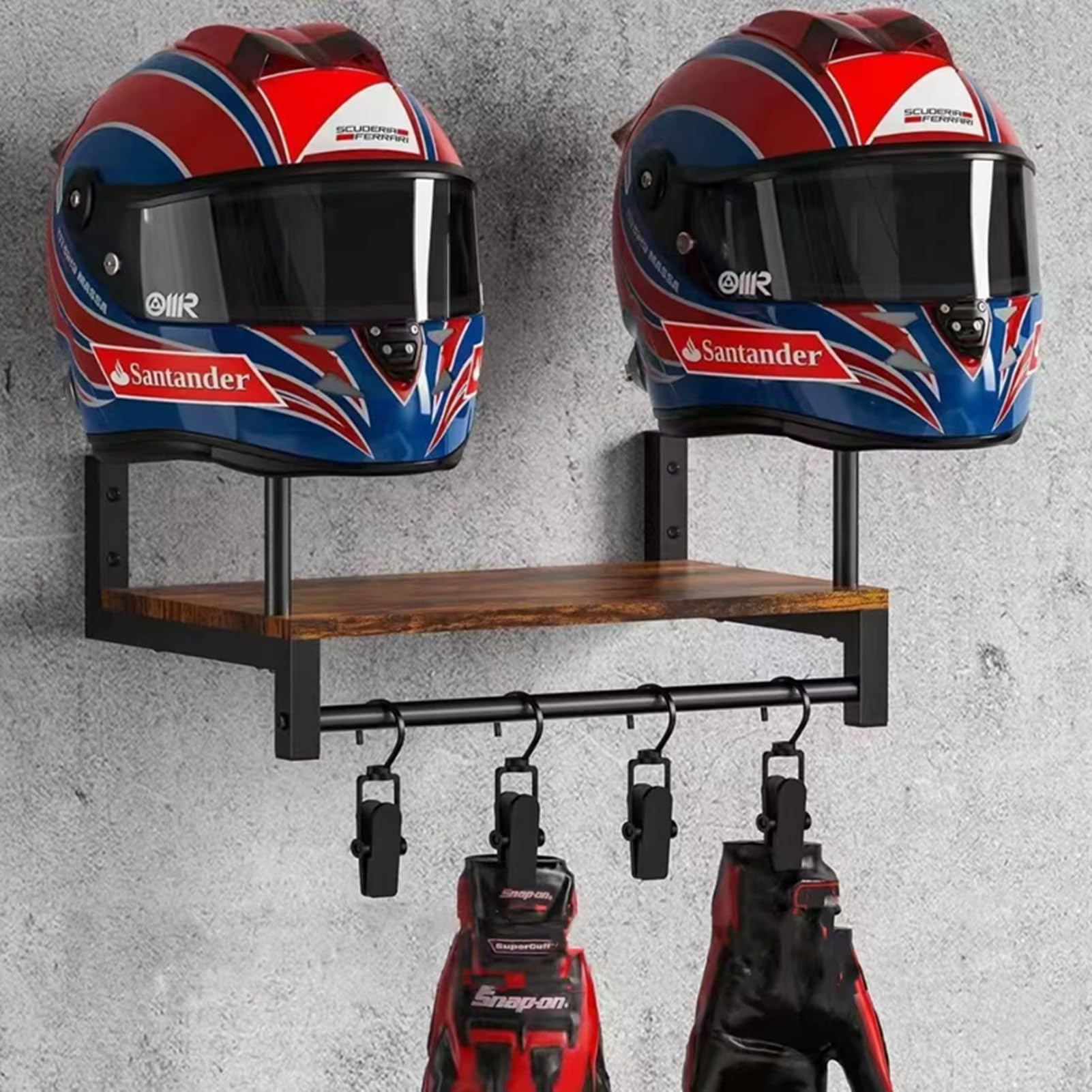 Support mural pour casque moto rétro, porte-casque en bois et métal avec 4 clips de suspension, peut accrocher 2 casquettes – rangement pour veste, gilet tactique