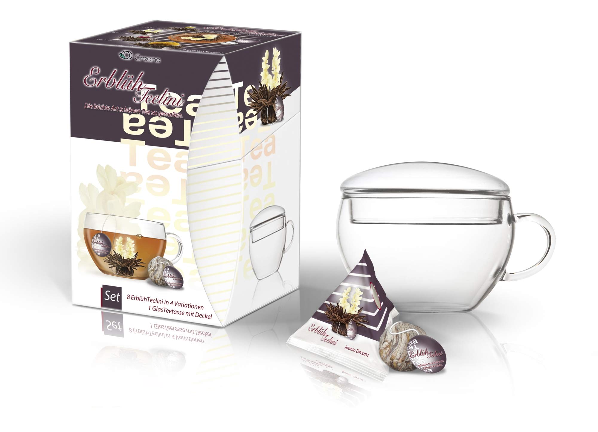 Creano Coffret Cadeau Teelini Noir – 8 Fleurs de Thé Noir en Portion de Tasse avec Tasse en Verre 200ml & Couvercle – Idée Cadeau Anniversaire, Collègue & Détente
