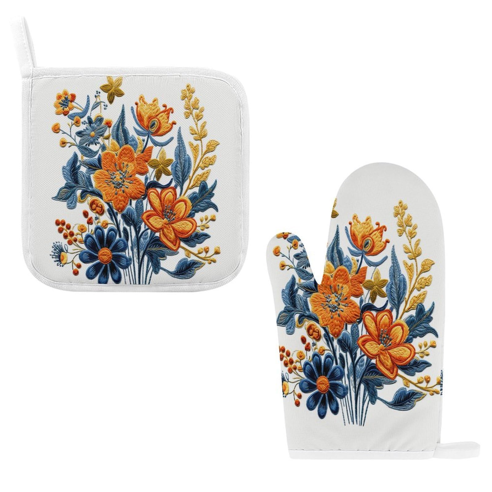 Fodpand Style Embroidered Flower Pattern Oven Mitts And Pot Holders Sets