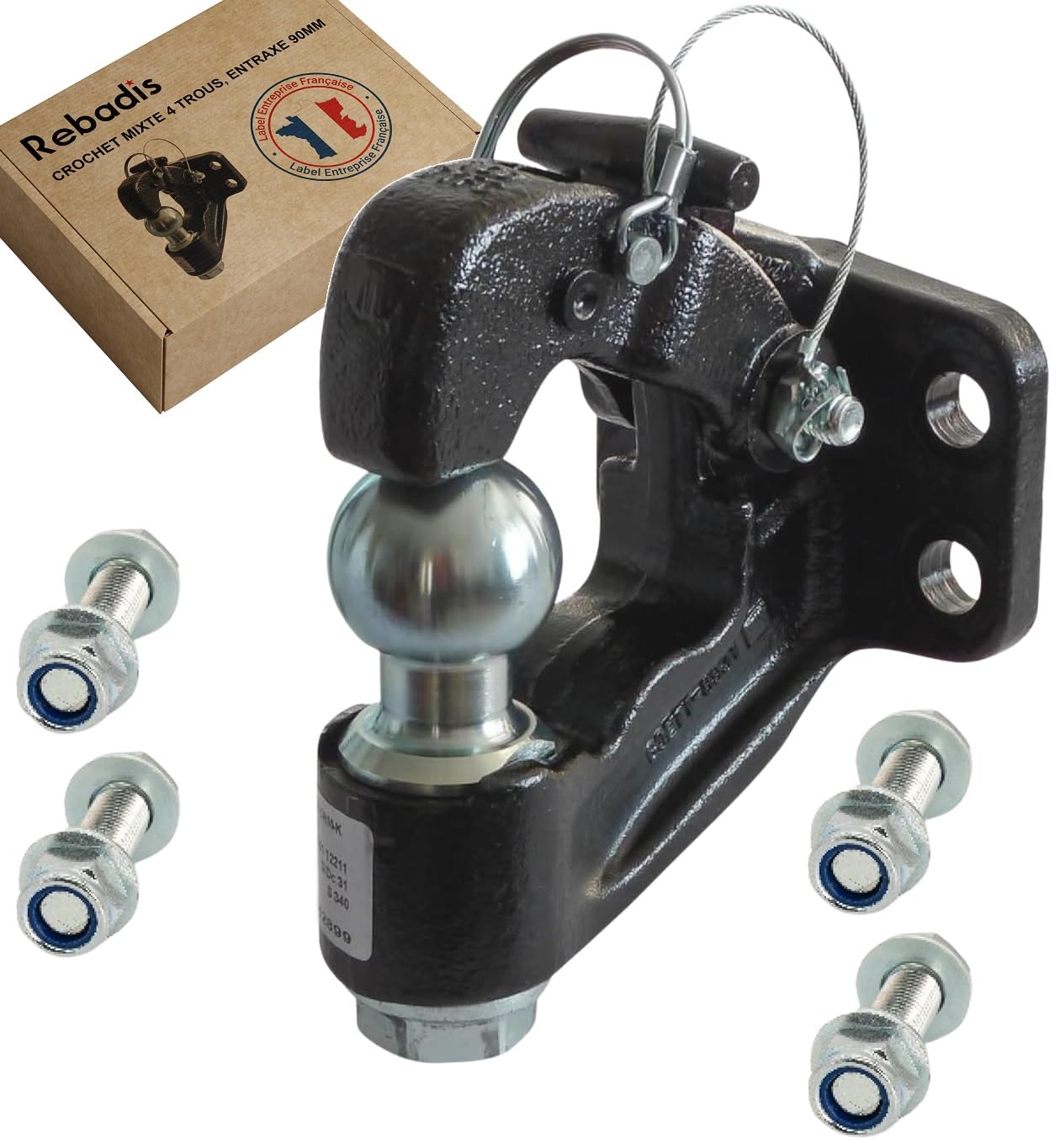 Crochet attelage Mixte 3500kg 4 Trous, Chape avec Boule diam 50mm, Anneaux 68 et 76. Livré avec visserie