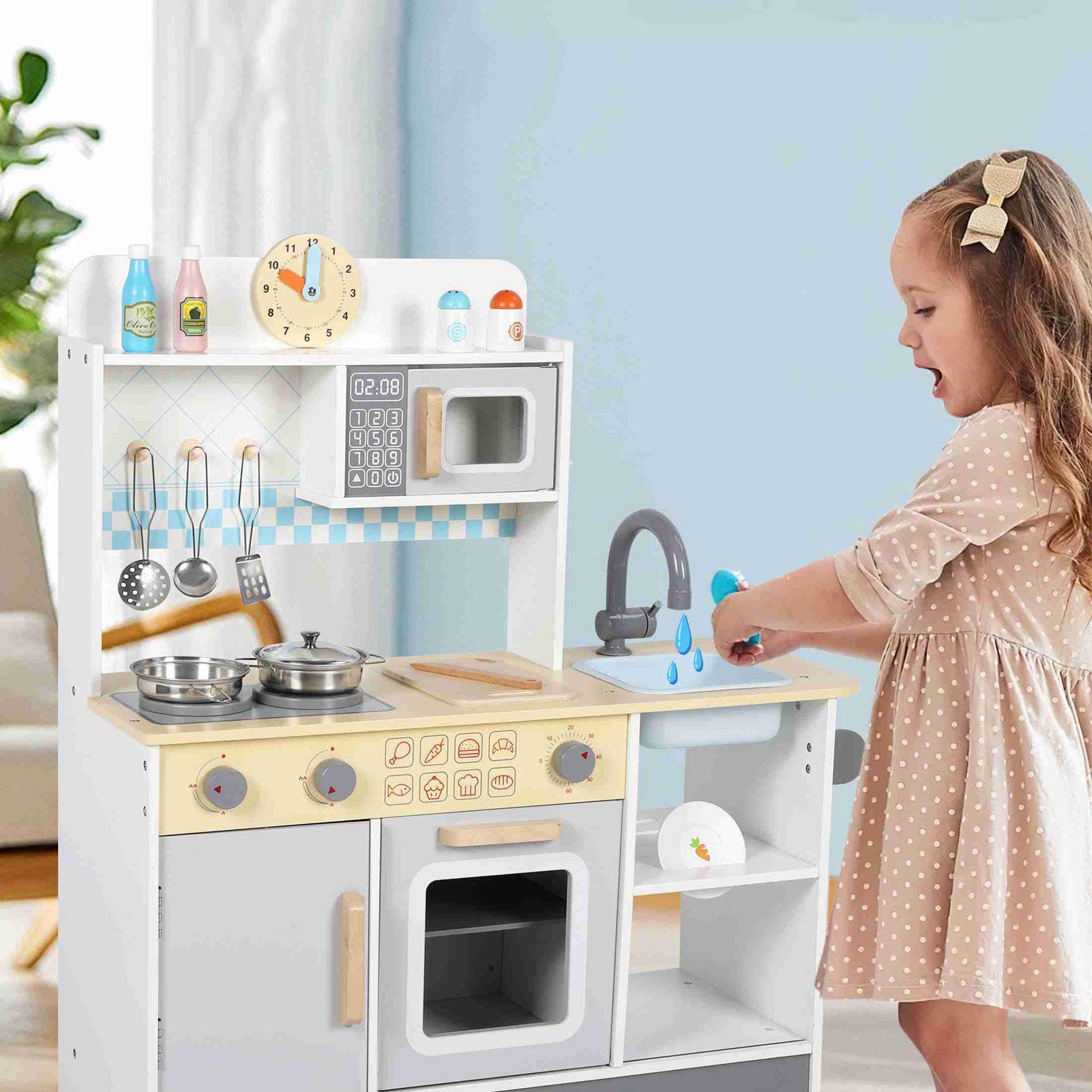 Alomejor Drewniany Zestaw Kuchenny do Zabawy, Interaktywne Zabawki Kuchenne do Zabawy w Udawanie z Realistycznymi Akcesoriami, dla Dzieci w Wieku od 1 życia, Promujące Pomysłowe