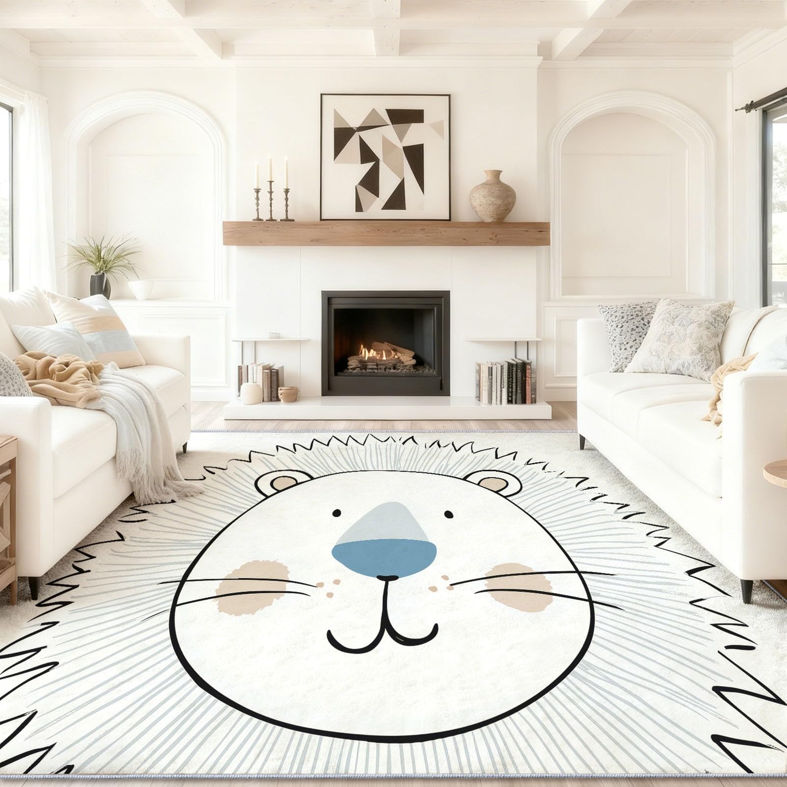 Tapis de Salon Lavable en Machine Blanc Dessin Animé Lion Dessin Au Trait Animal Faible Poil Antidérapant avec Motif Imprimé Tapis Chambre pour la Chambre à Coucher, 80 x 150 cm