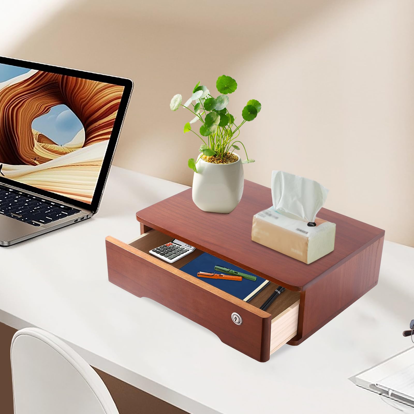 Organizer da scrivania in legno con cassetto chiudibile a chiave, per ufficio, cassetti, capacità per cancelleria, motivo ciliegia, 40 x 28 x 12 cm (colore noce)