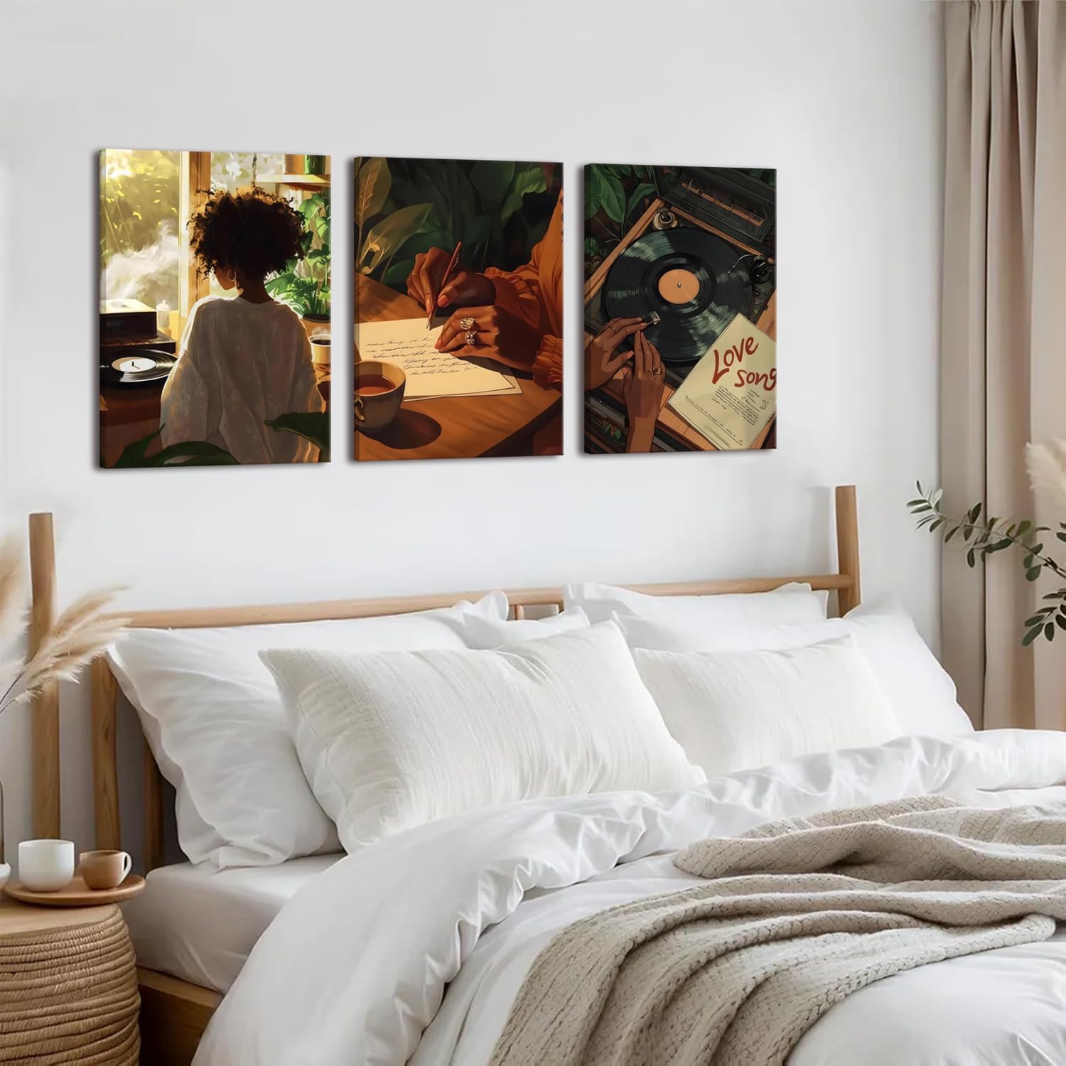 Black Girl Canvas Wall Art Set of 3 Trendy African American Women Music Posters Song Lover Wall Decor Fashion Black Woman Prints Pictures Artwork for Bedroom Living Room 16x24 Inch Framed