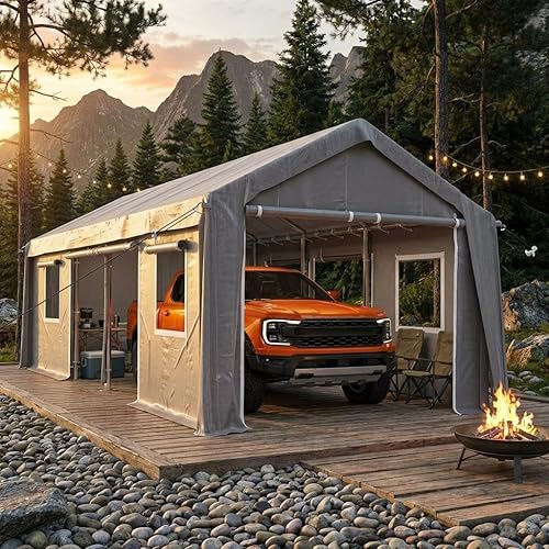 Carport, 20x10x11FT Portable Garage with PE Canopy, Heavy Duty Carport Tent with Reinforced Poles & Steel Cables, Car Shelter with Front & Rear Doors and 2 Roll-Up Side Doors, 4 Windows, Gray