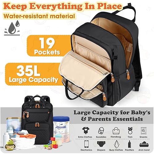 Miniatura 7 de RAINSMORE Mochila para pañales multifunción con cambiador y bolsa cruzada desmontable, mochila impermeable para mamá, Negro -