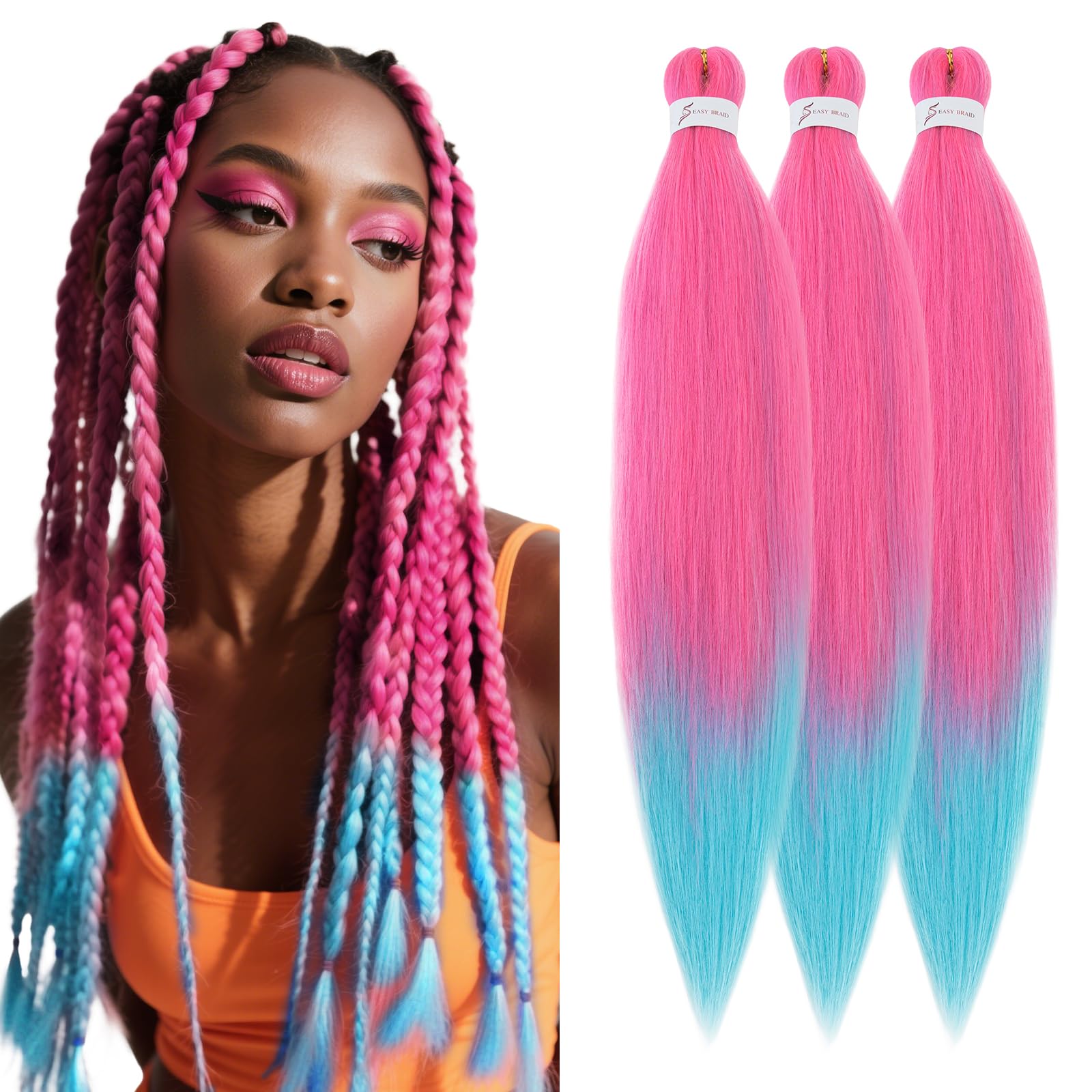 S-noilite Long EZ Braids Pre-Stretched Easy Braiding Hair Extensions for Crochet Box Twist Braids Ombre Yaki Texture Synthetic Hair Hot Water Setting,26 Inch 3 Packs 270g,Bright Pink to Blue