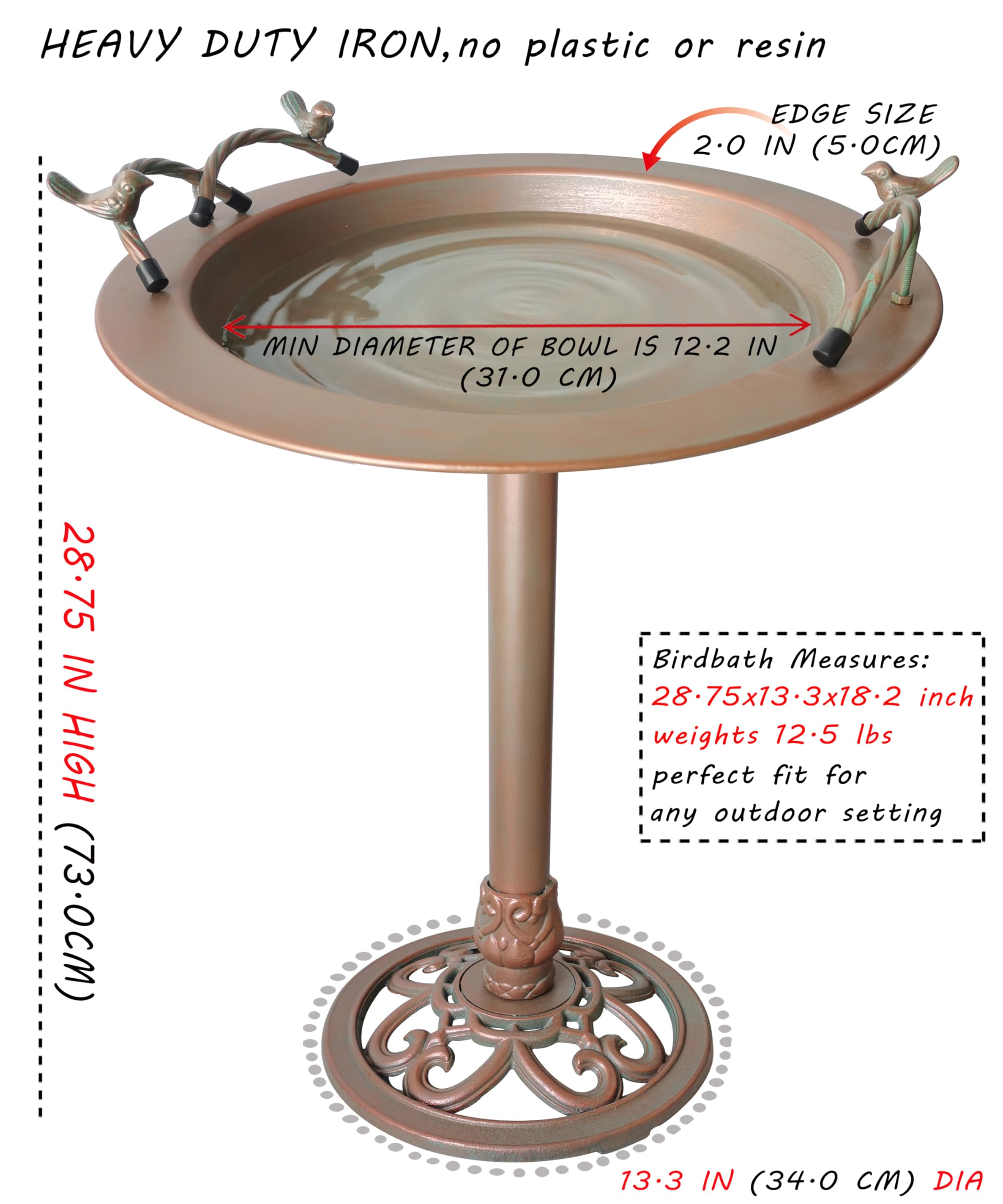 BSTGIFTS Vogeltränke aus Metall – Gusseisen-Vogeltränke 72,4 cm hoch, Vogeltränke für Wasserbrunnen, Vogelfutterschale für Hof, Terrasse, Rasen-Dekor (Brunnenpumpe nicht im Lieferumfang enthalten)