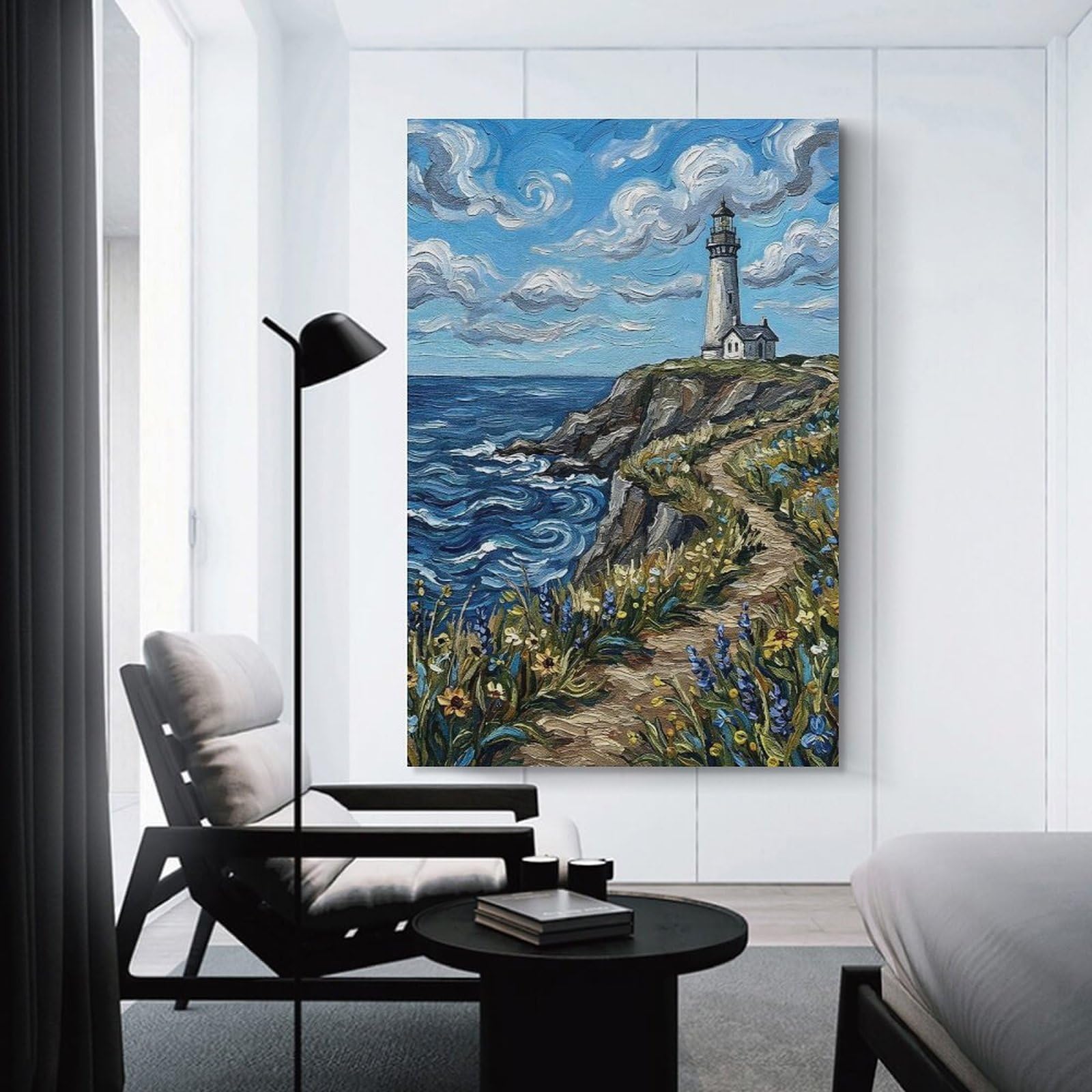 Junmoney Unframe-Style-12 Lighthouse On A Cliff Overlooking The Ocean Wall Art Print, 20X30inch(50X75cm), For Study, Office Or Focused Interiors, Home Office Artwork With Decorative Appeal
