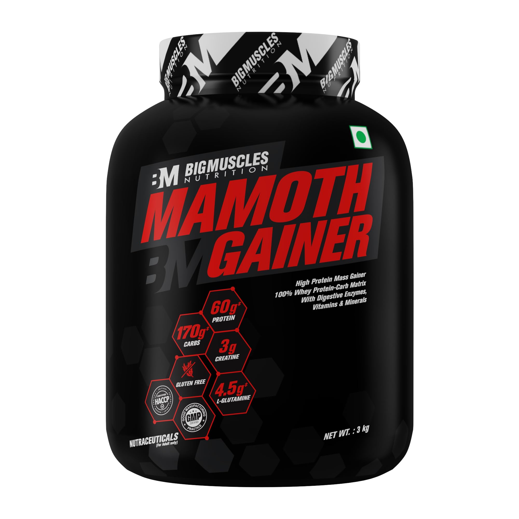 Bigmuscles Nutrition Mamoth Gainer [Cookie & Cream, 3Kg] | | with Vitamins & Minerals, Creatine & Digestive Enzymes | High Protein Muscle Mass & Weight Gainer