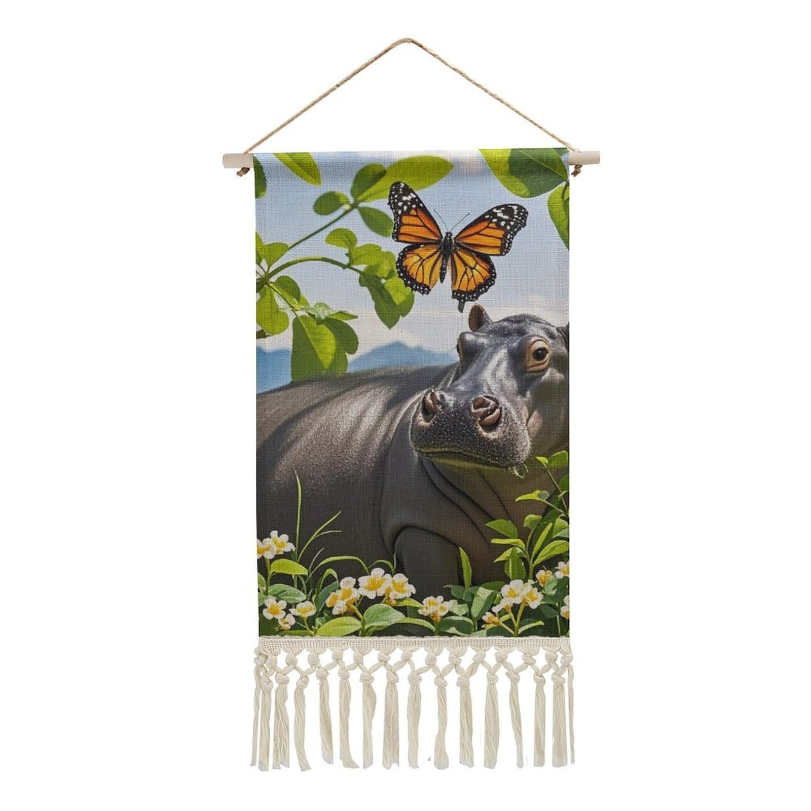 FekiLoot Butterfly And Hippo Wall Art Poster Hanger Frame Vertical Tassel Tapestry Cotton Linen Hanging Poster Decorative Wall Art Prints Vintage Wall Art Decor for Home Bedroom Living Room Office