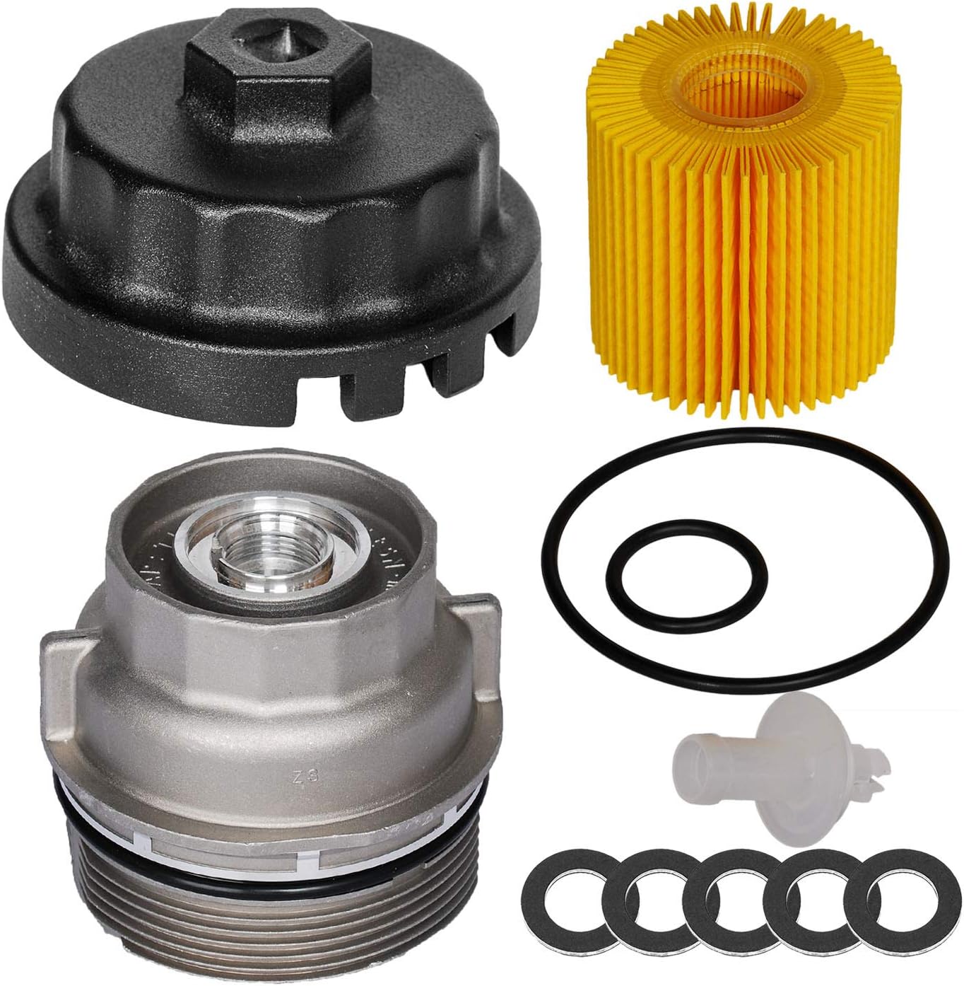 HIFROM Socket Housing Tool Remover Cup Wrench & 15620-31060 Oil Filter Cap & 04152-YZZA1 Oil Filter with Oil Drain Plug Gaskets replacement for Lexus Scion Avalon Rav4 2.5L to 5.7L Engine