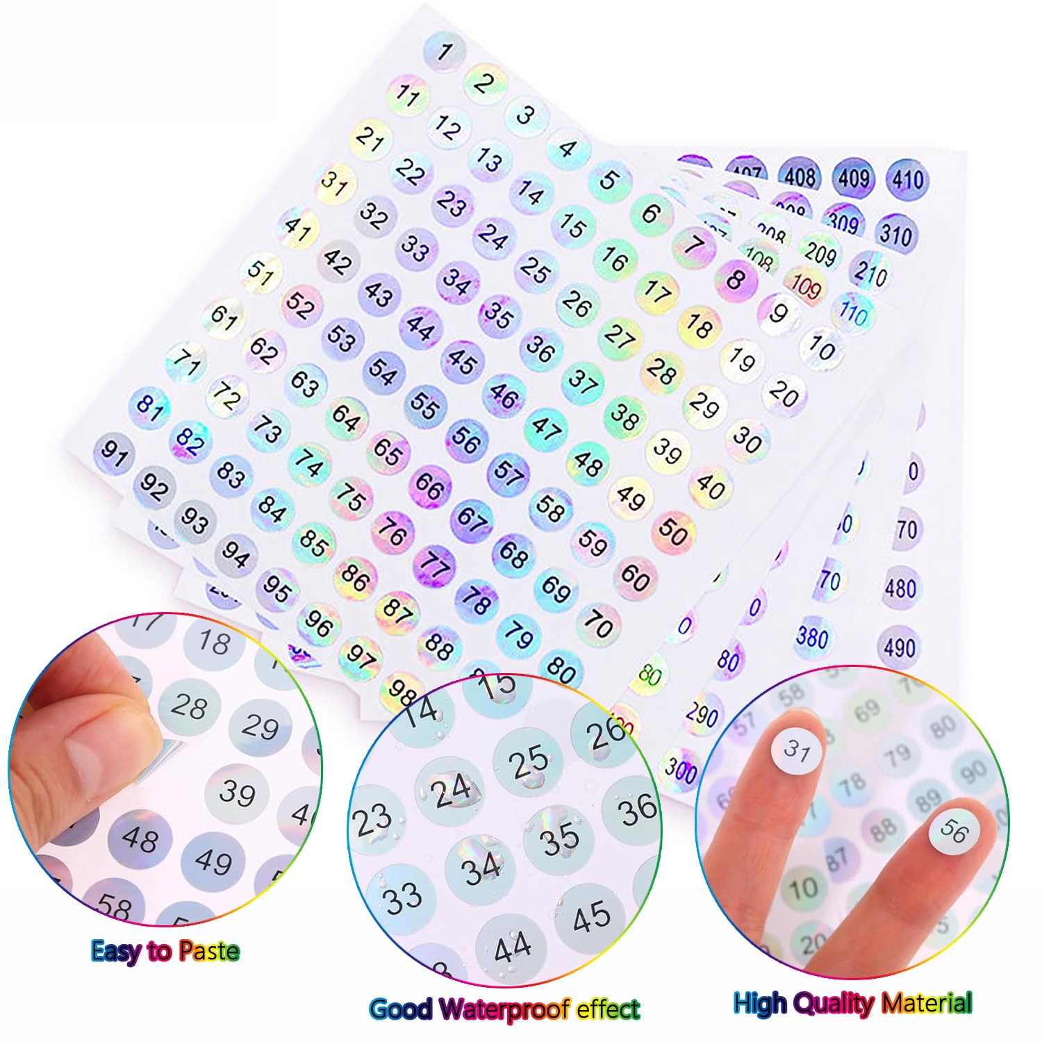MOLILON 5 Sets Consecutive Number Stickers - 1 to 500, 0.39inch, Self Adhesive Label Stickers Round Laser Stickers Decals for Organizing Nail Polish Bottle, Nail Swatch Sticks, Lipstick
