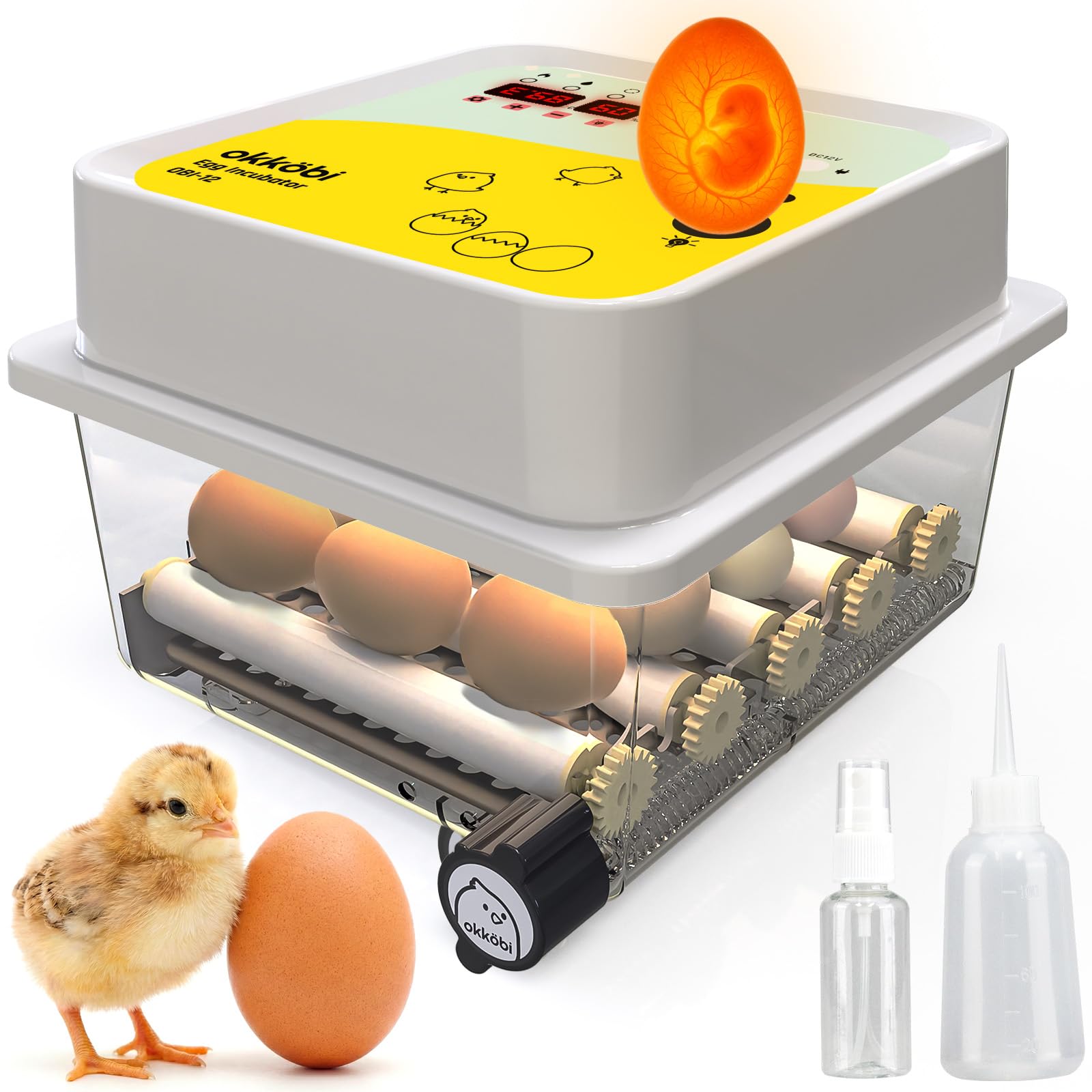 OBI-12 Brutautomat Vollautomatisch – Inkubator für 12 Eier mit Automatischem Eierwender - Brutkasten Hühner für Hühnereier, Wachtel und Enteneier - Gelb