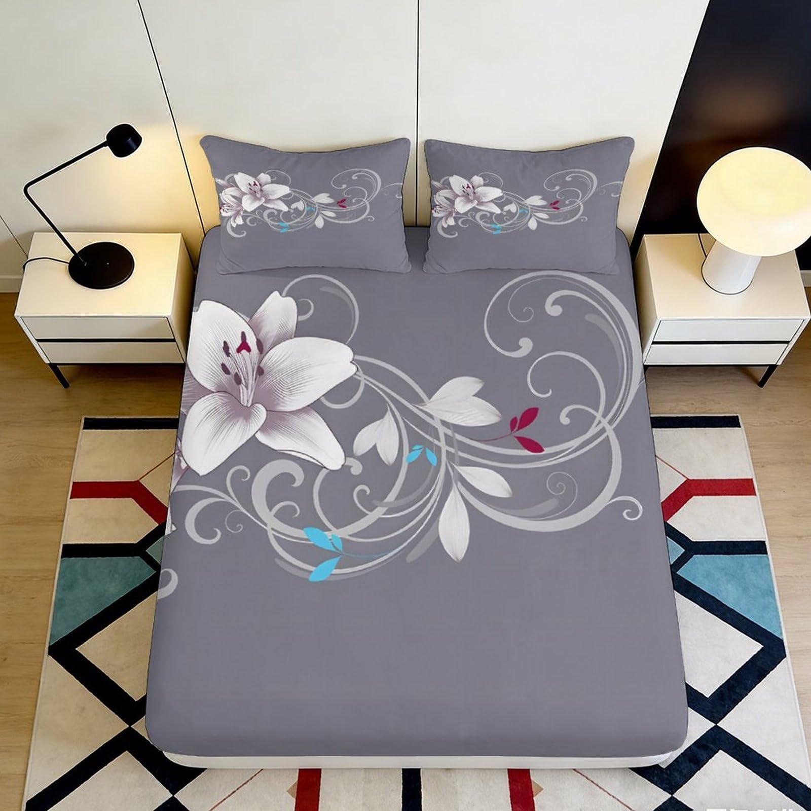 3D Printed Fitted Sheet Grey Lily Pattern, Microfiber Soft Touch, Bed Sheet for Home Bedroom, Wrinkle Resistant, Guest Room Bedding, Easy Care, Mattress Cover, 100-120cm 90x200x25cm