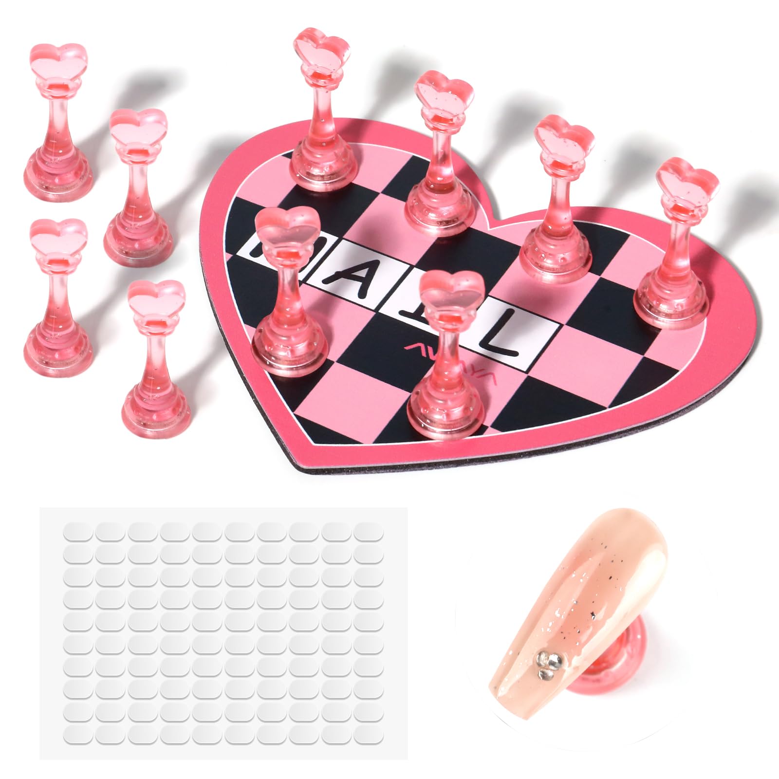 ANGNYA Nail Stand for Press Ons, Heart Shape Super Magnetic Base Nail Holder for Painting Nails with 200 Pcs Reusable Double-Sided Tape for Nails Practice Nail Tools Home DIY Salon Supplies