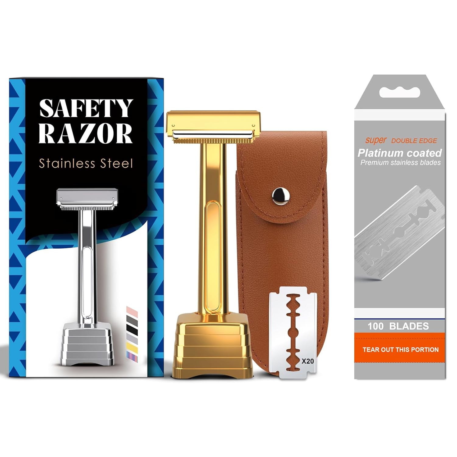 Safety Razor Set and 100 Double Edge Blades, Golden