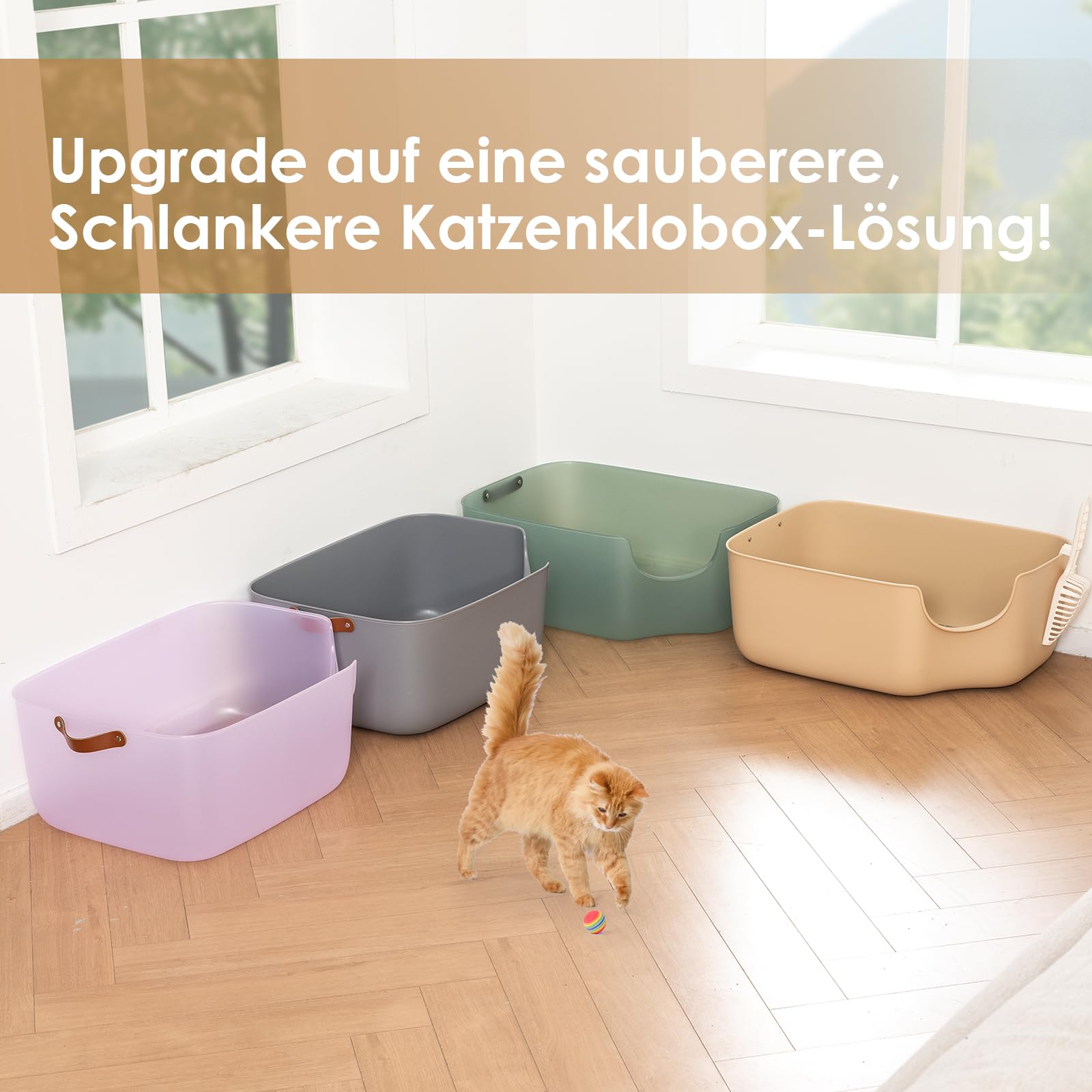 Katzentoilette, 56L x 42B x 22H cm Katzenklo mit Hohem Rand, Für Kleine und Mittelgroße Katzen, Katzentoilette mit Leder-Seitengriff & Streuschaufel, Transparentes Lila