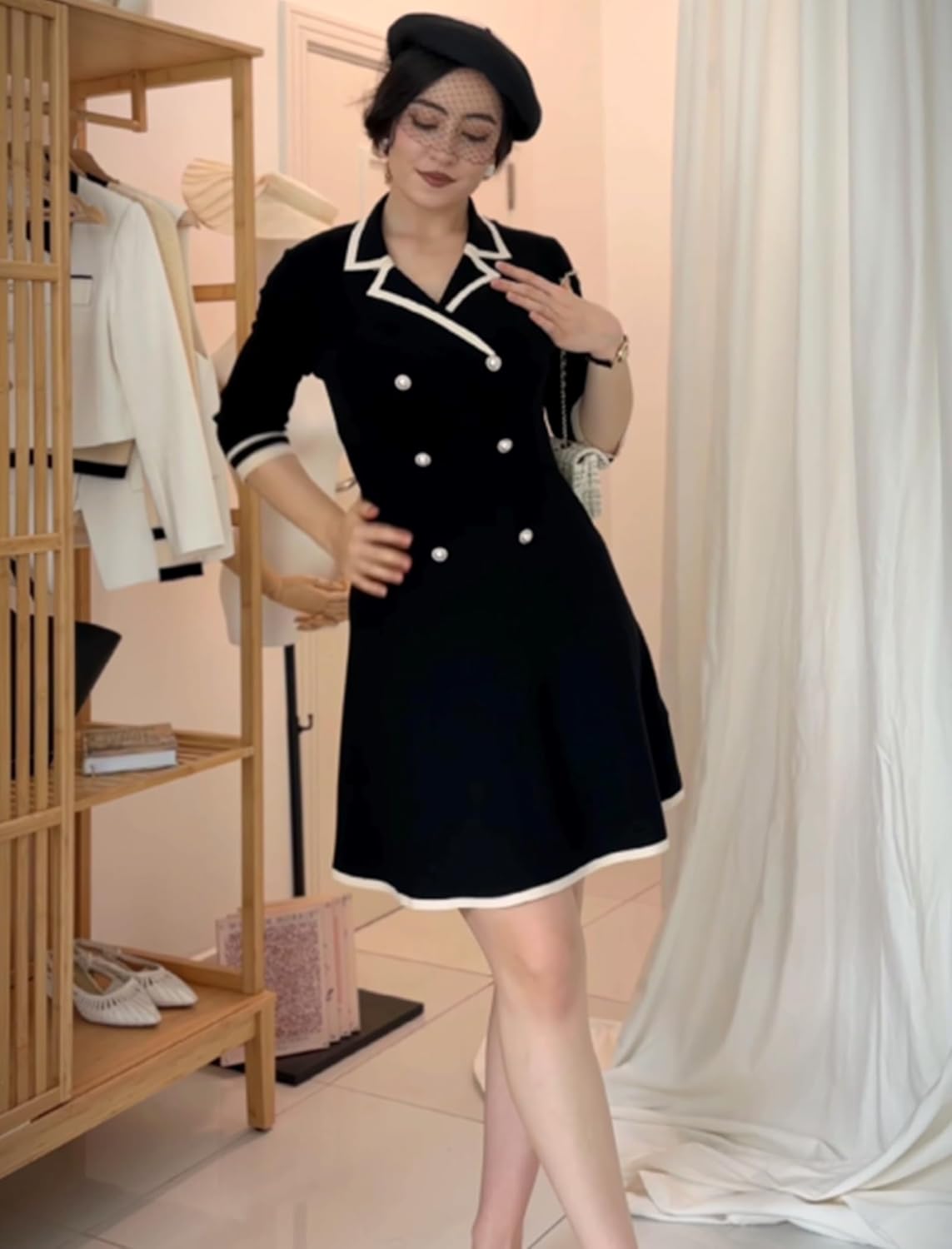 GOELIA Mini Sweater Dress for Women, Button up 3/4 Sleeve Knit Dresses for Teacher Work Business