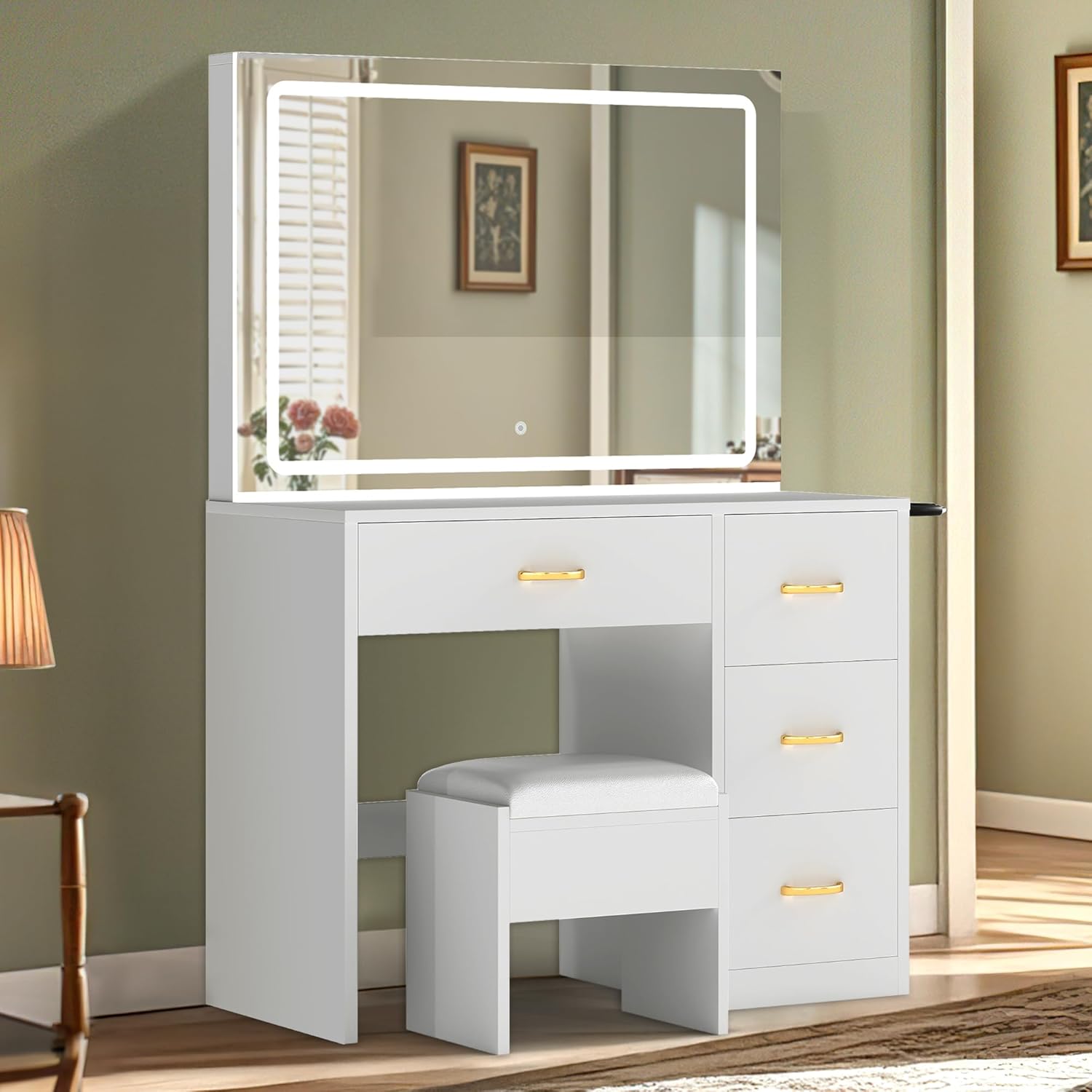 YITAHOME Makeup Vanity with Power Strip, Vanity Chair, Dressing Table with Ample Storage