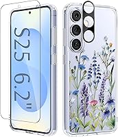 Vista 104 de GVIEWIN Funda protectora para Samsung Galaxy S25, transparente floral, delgada, a prueba de golpes, para mujer, no se pone amarilla, con protector
